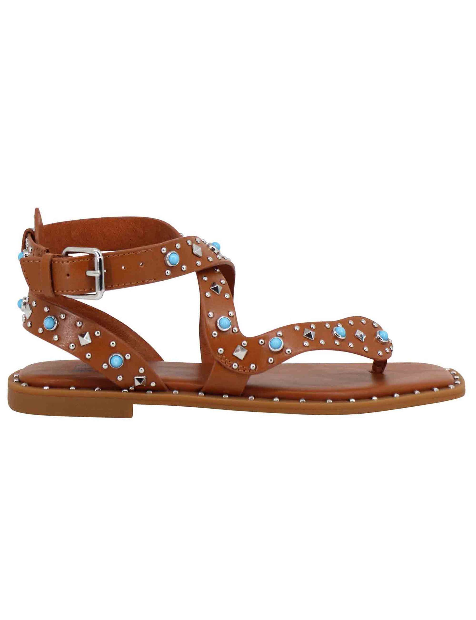 Women's flat sandals in eco leather with rhinestones and studs with Petra ankle strap