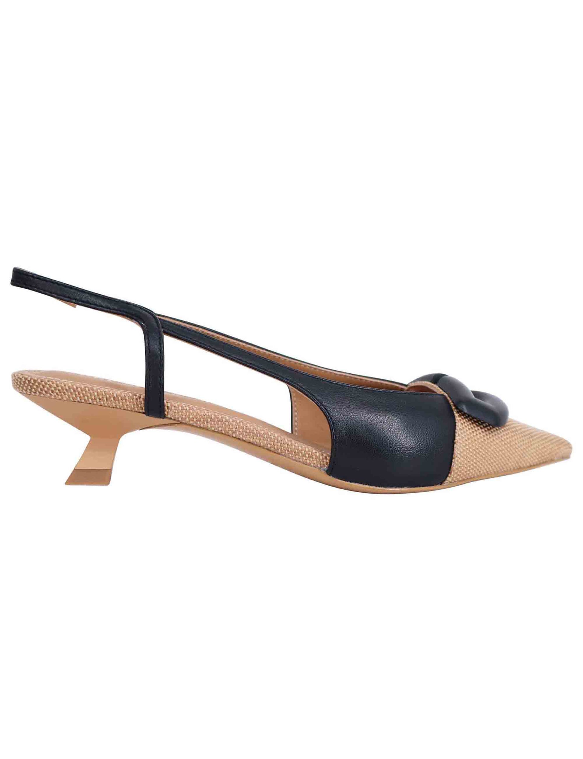 Women's slingback pumps in beige fabric and black leather with low heel