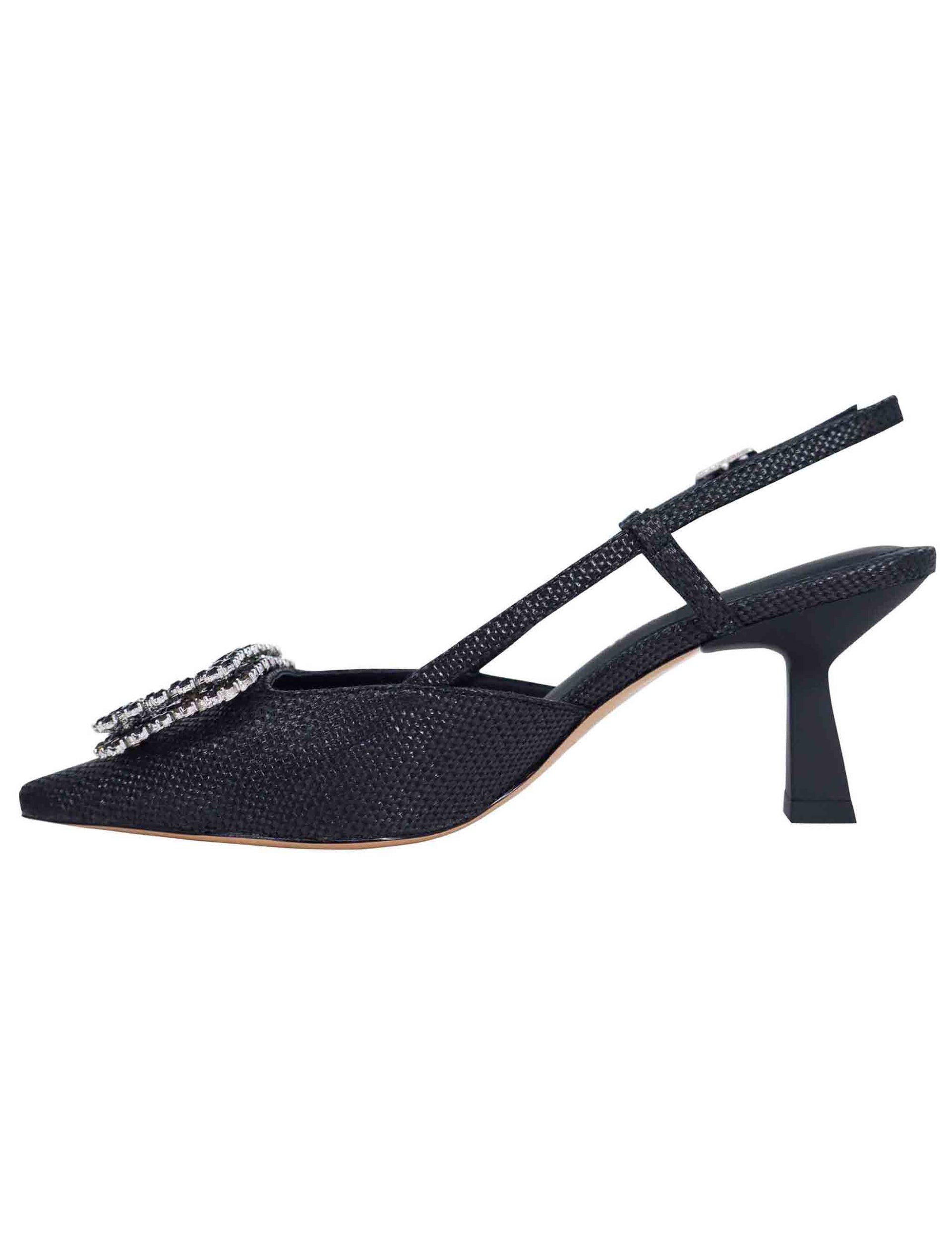 Women's slingback pumps in black fabric with rhinestone buckle and high heel