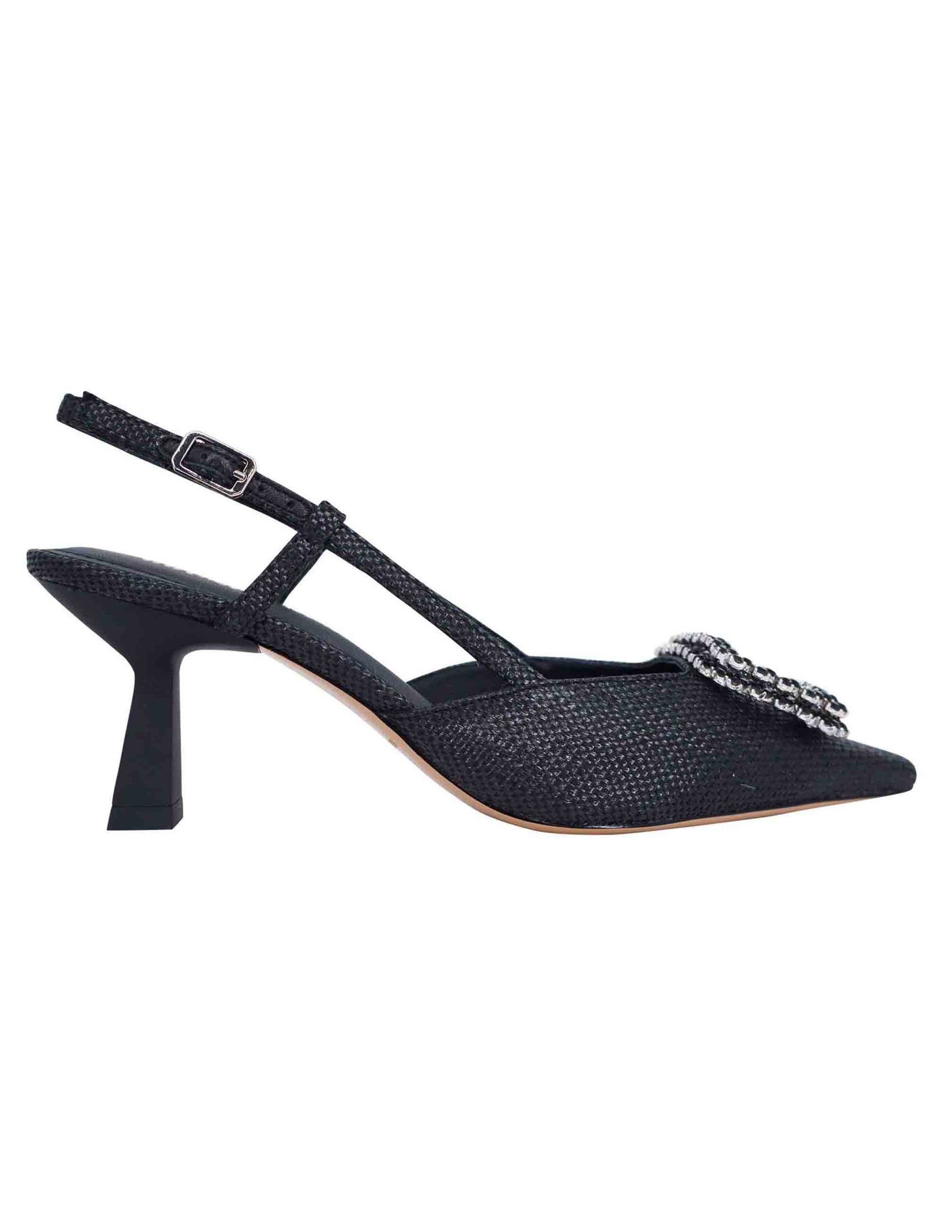 Women's slingback pumps in black fabric with rhinestone buckle and high heel