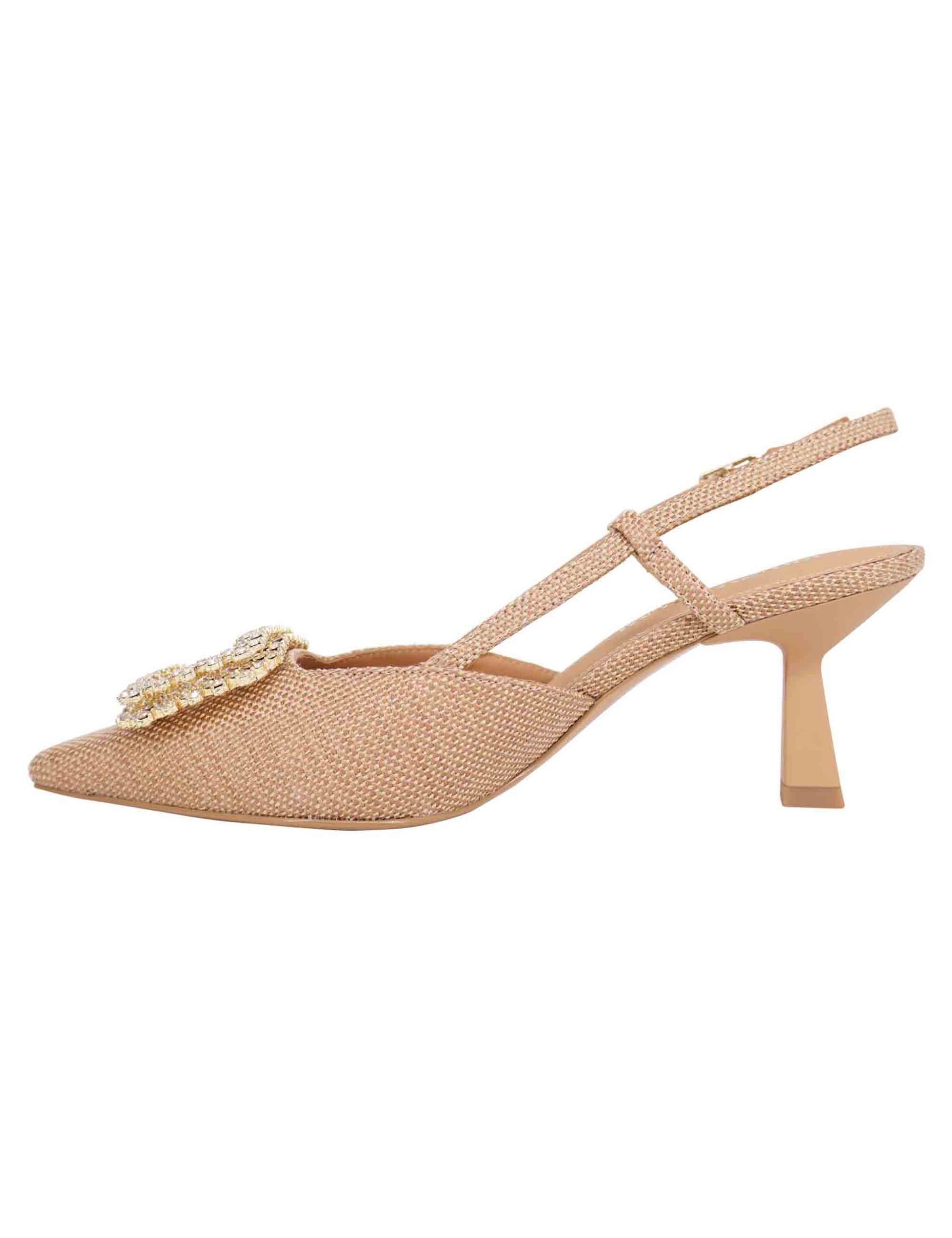 Women's slingback pumps in natural fabric with rhinestone buckle and high heel