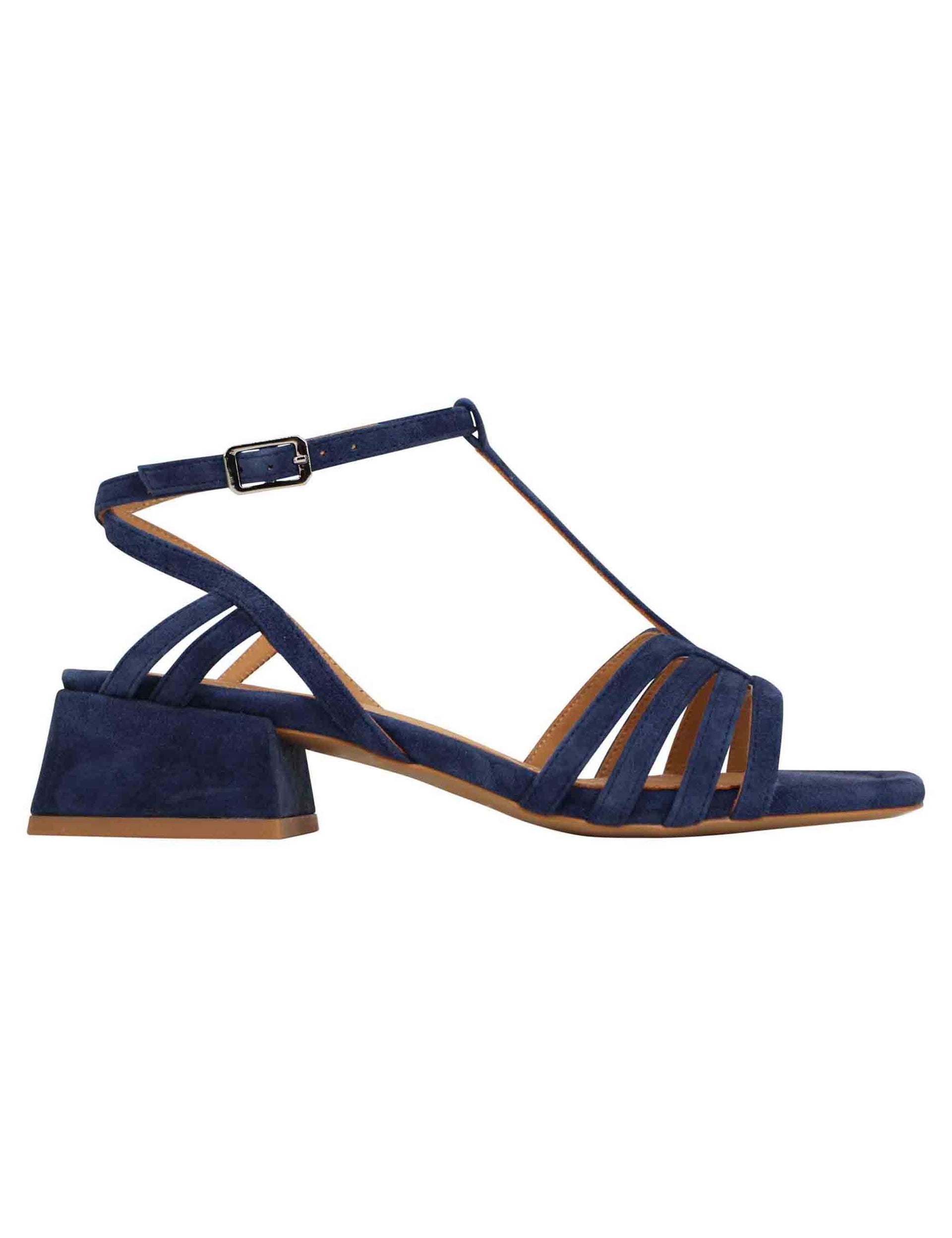 Women's sandals in blue suede leather with low heel and ankle strap