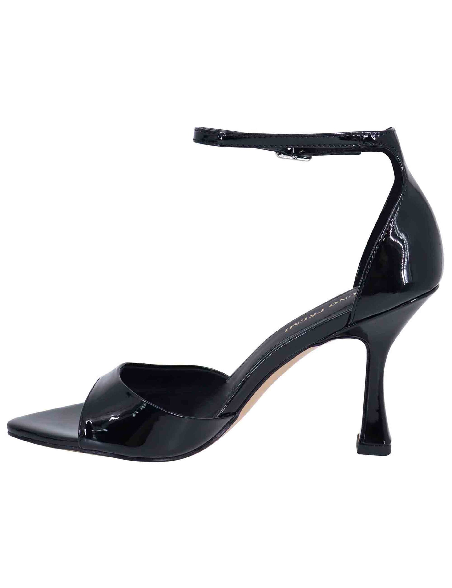 Sandali donna in vernice nera con tacco alto e cinturino alla caviglia