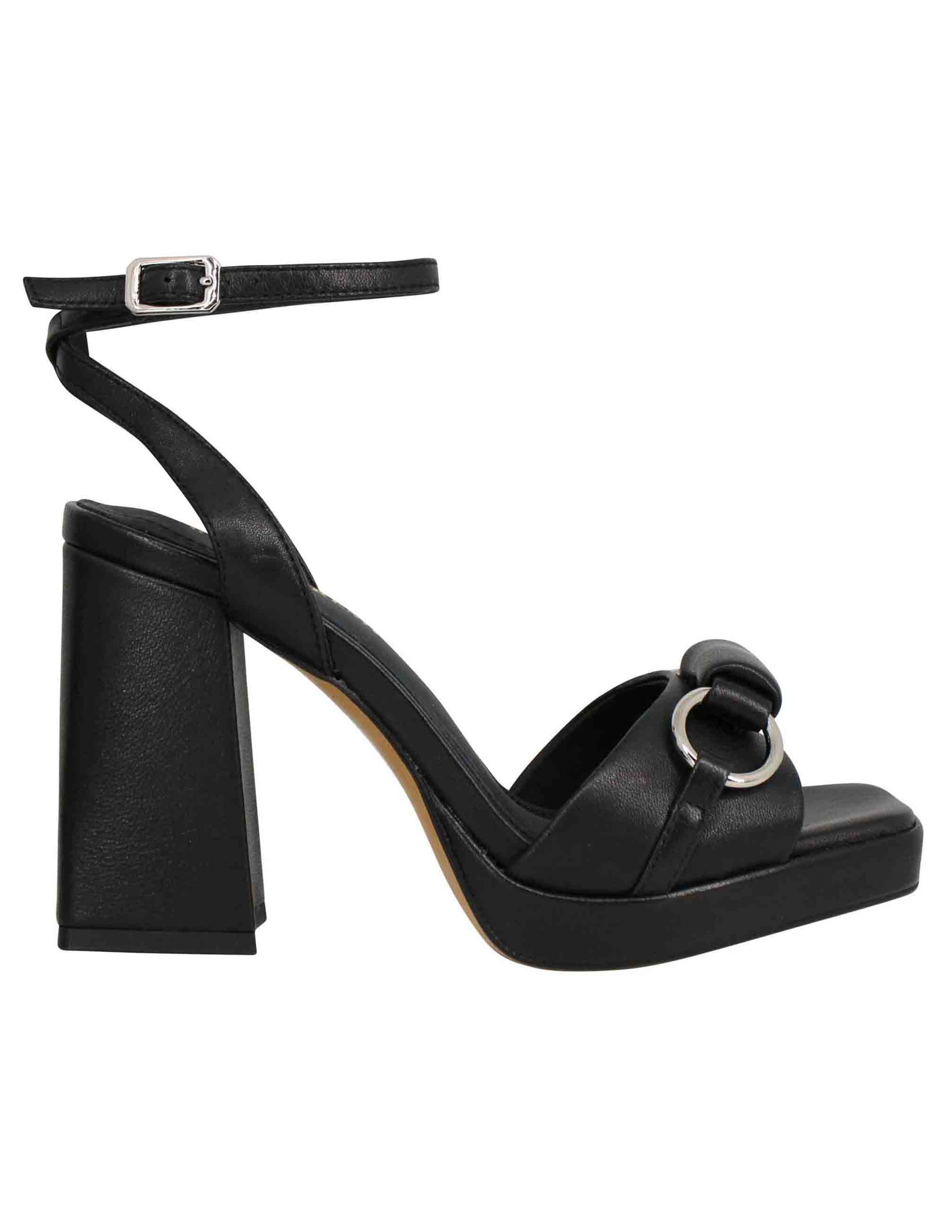 Sandali donna in pelle nera con cinturino alla caviglia tacco alto e plateau