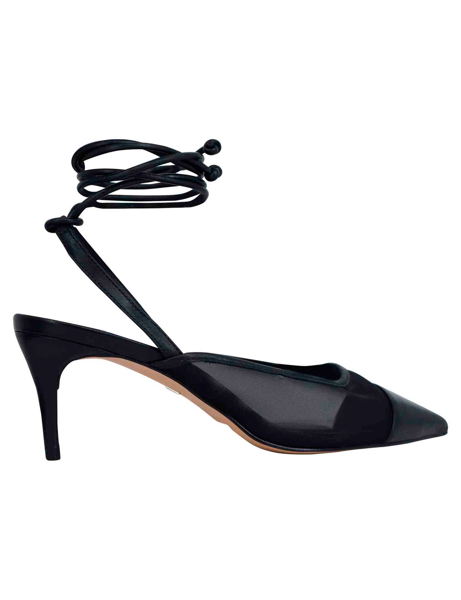 Women's black mesh and leather slingback pumps with pointed toe and removable laces