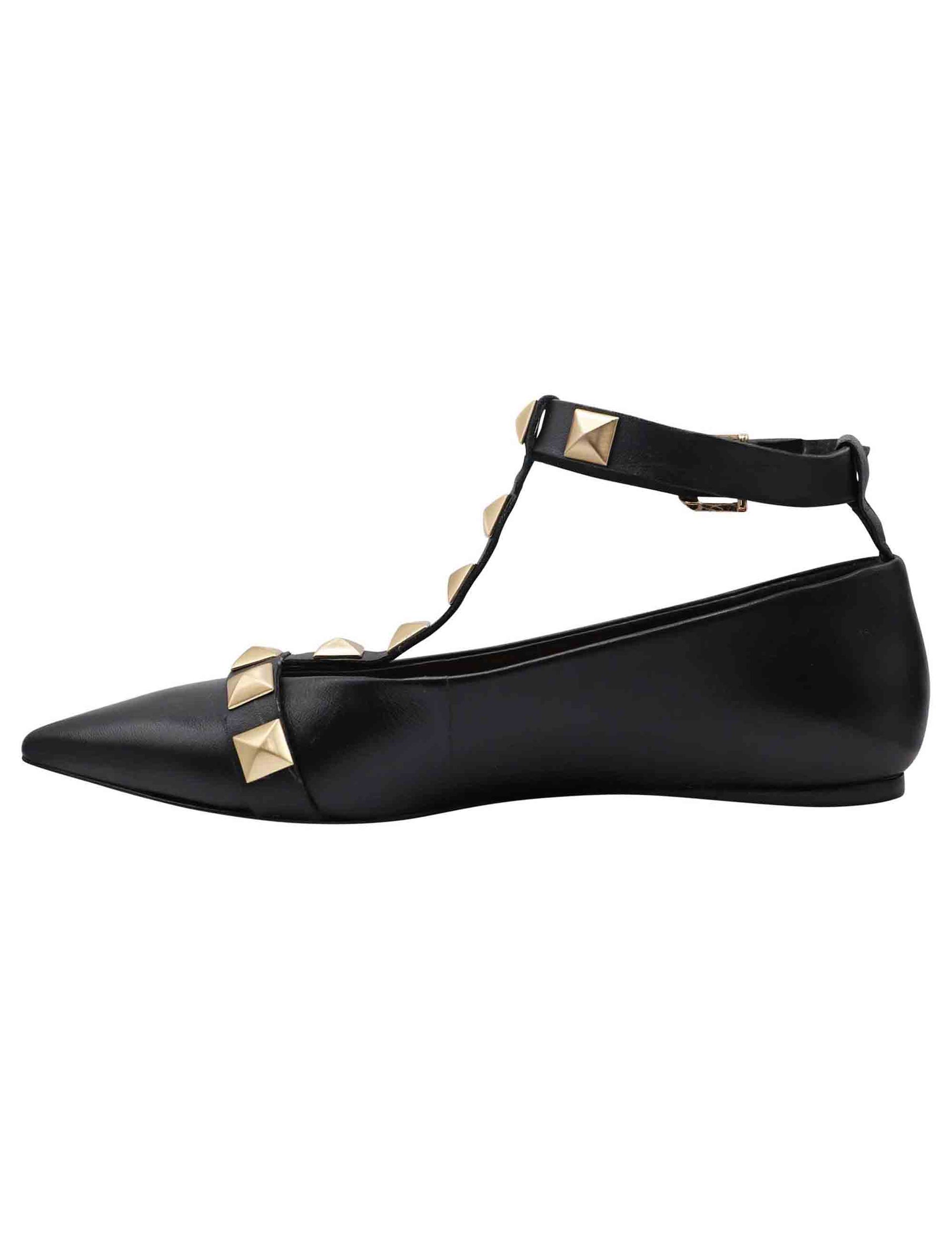 Women's black leather ballet flats with pointed toe straps and studs