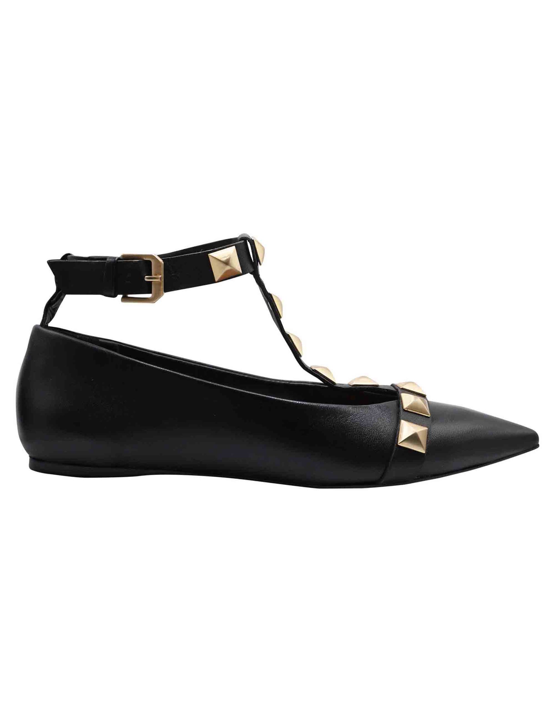 Women's black leather ballet flats with pointed toe straps and studs