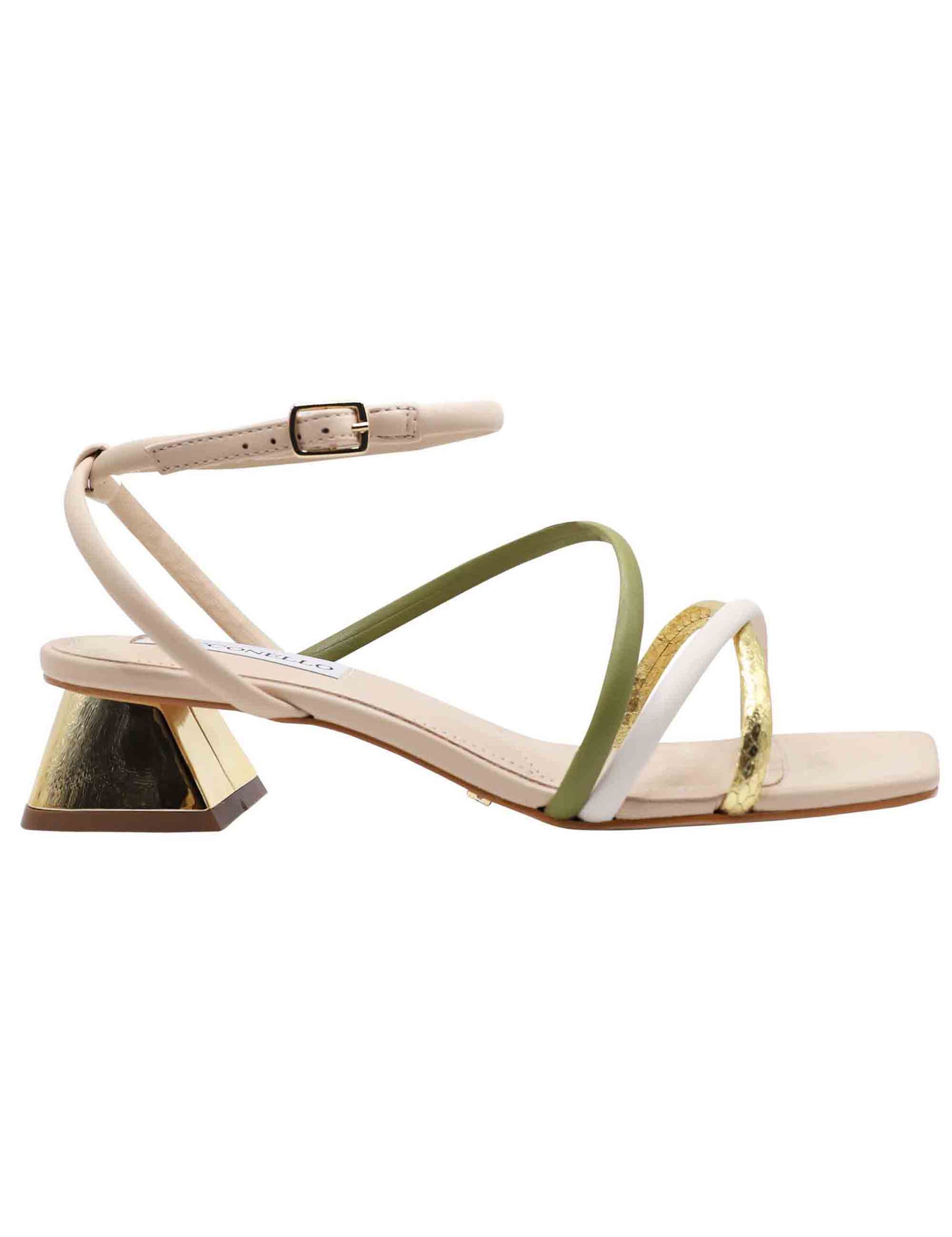 Women's beige leather sandals with double crossover ankle strap and jewel heel