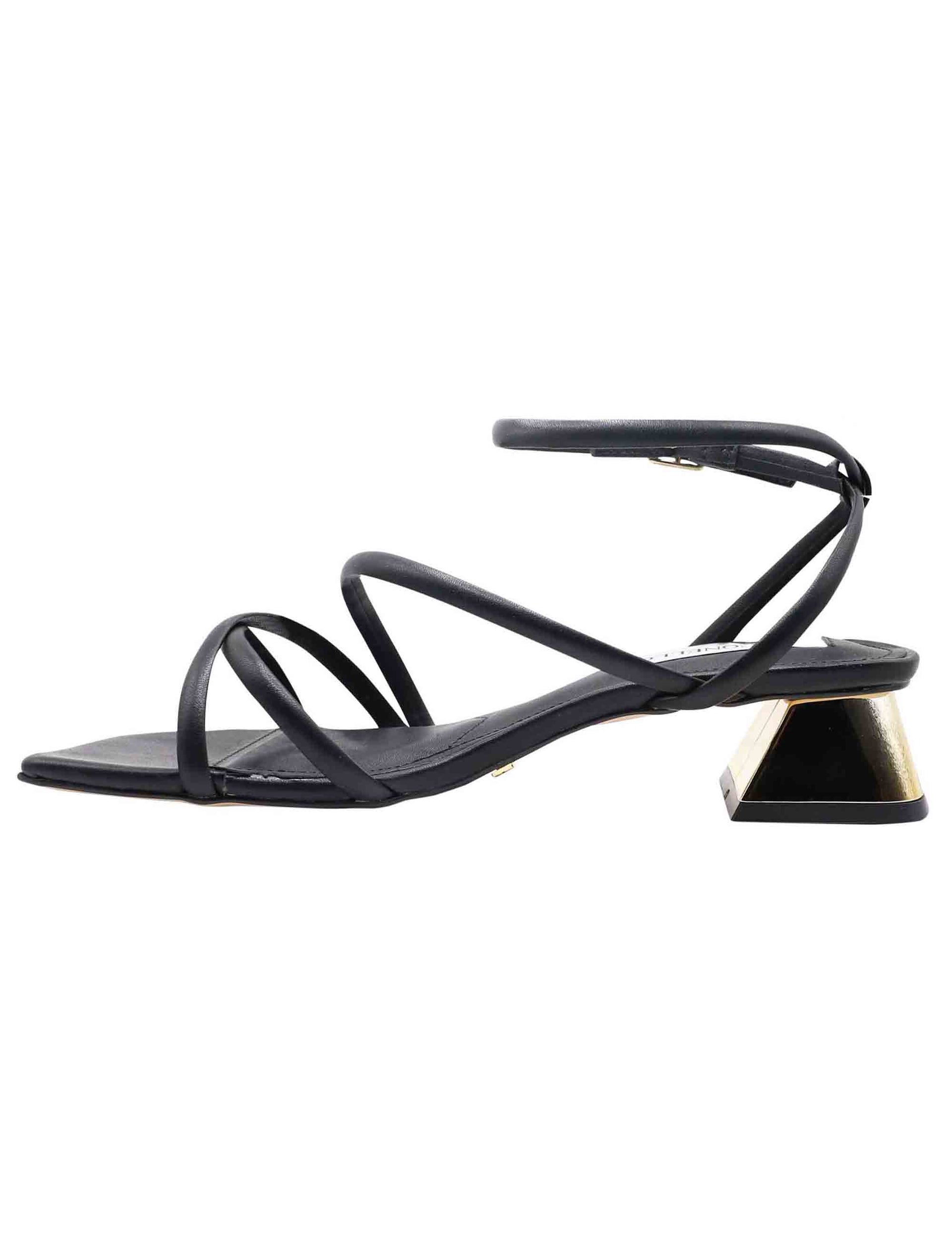 Women's black leather sandals with double crossover ankle strap and jewel heel