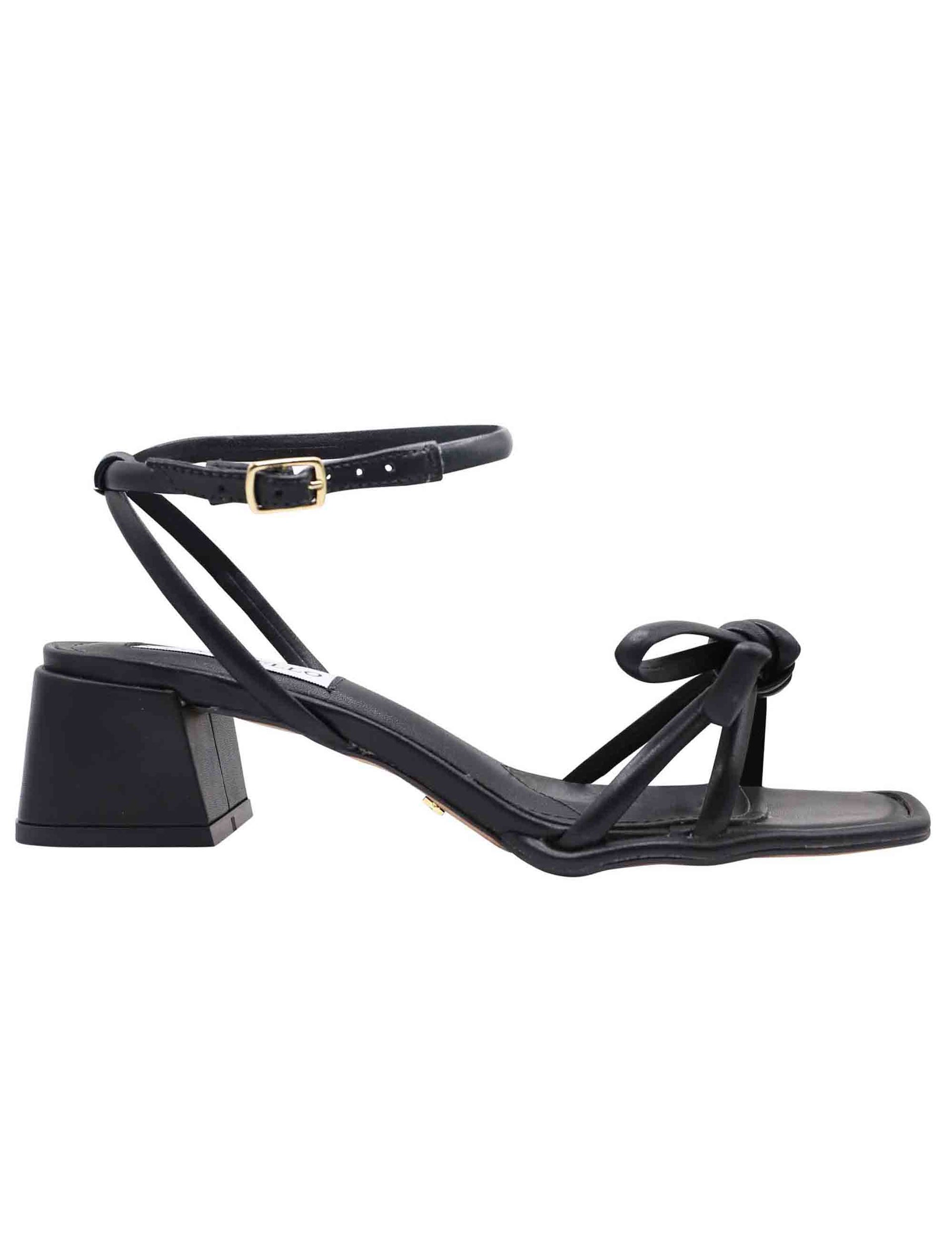 Women's black leather sandals with front bow and ankle strap