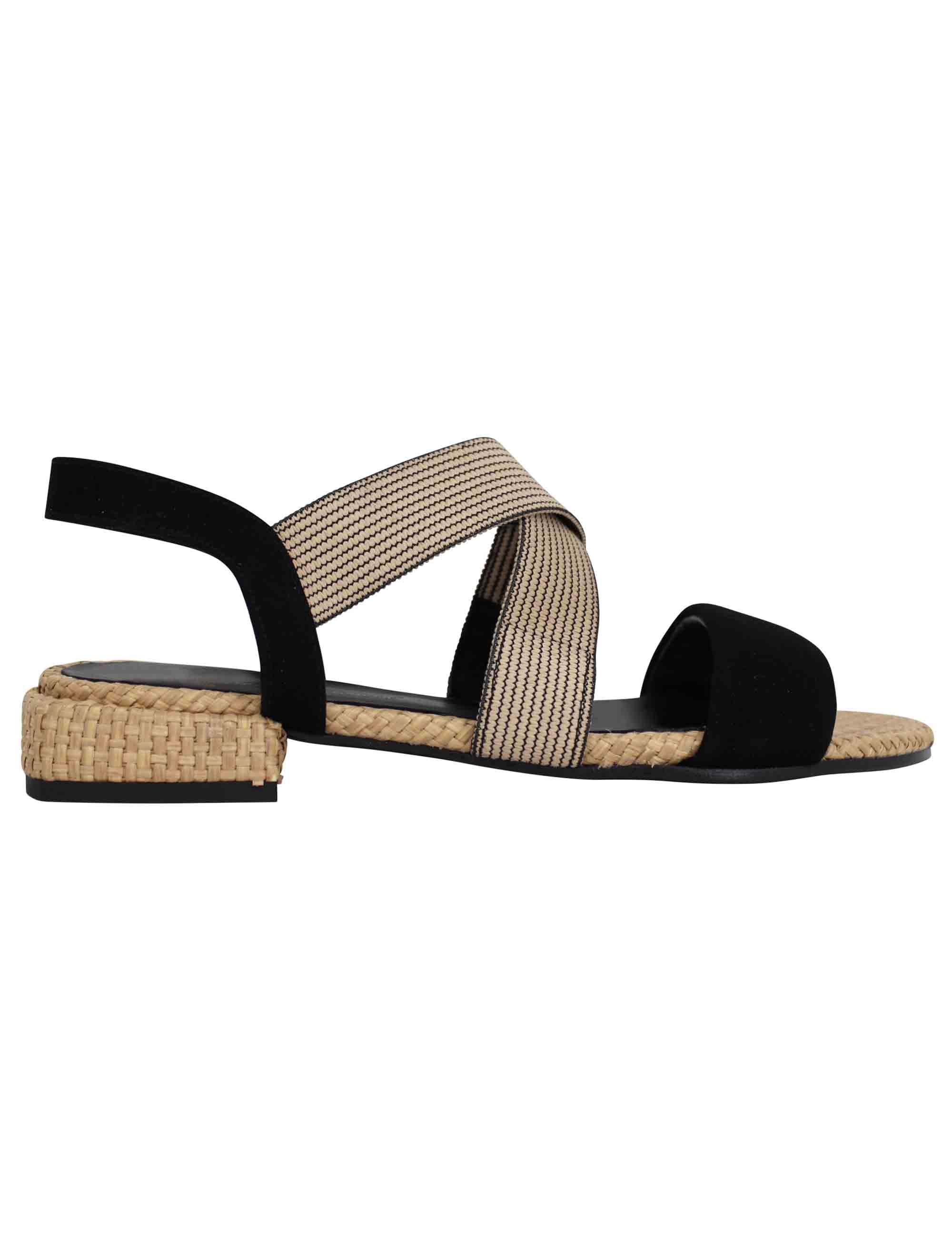 Spatarella Sandali donna in tessuto beige e camoscio nero con tacco basso