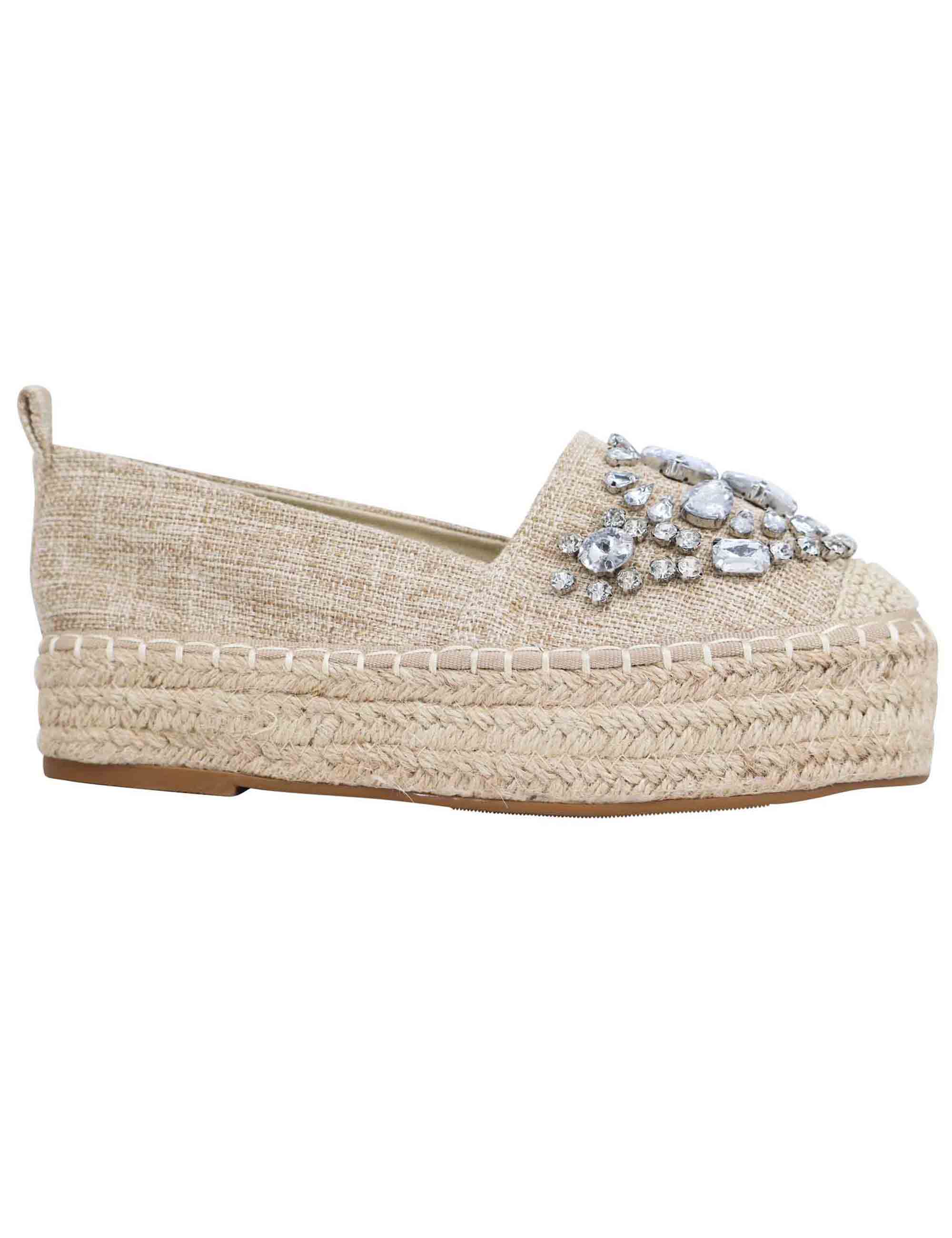 Spatarella Espadrillas donna in tessuto beige con strass e suola alta in corda