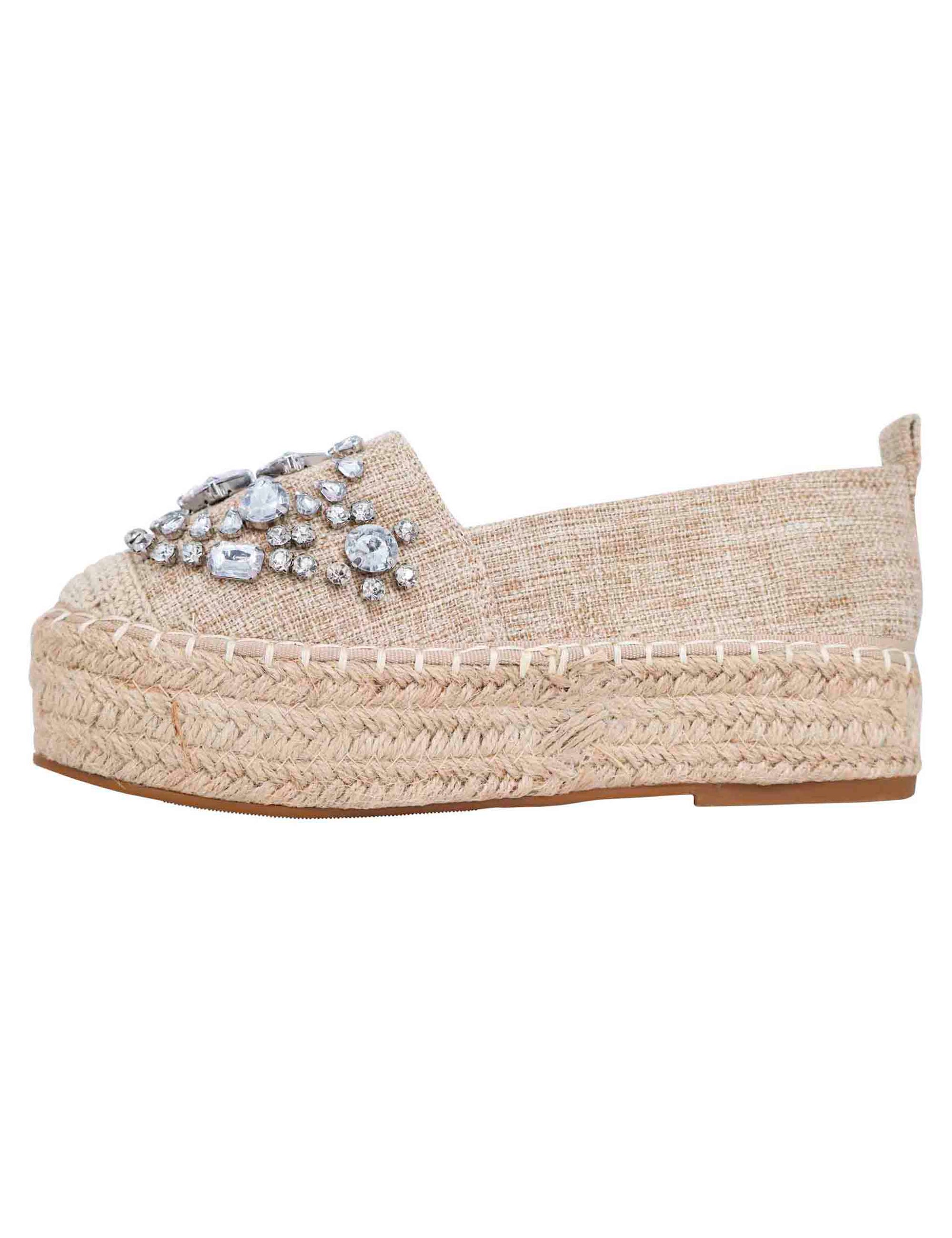 Women's espadrilles in beige fabric with rhinestones and high rope sole
