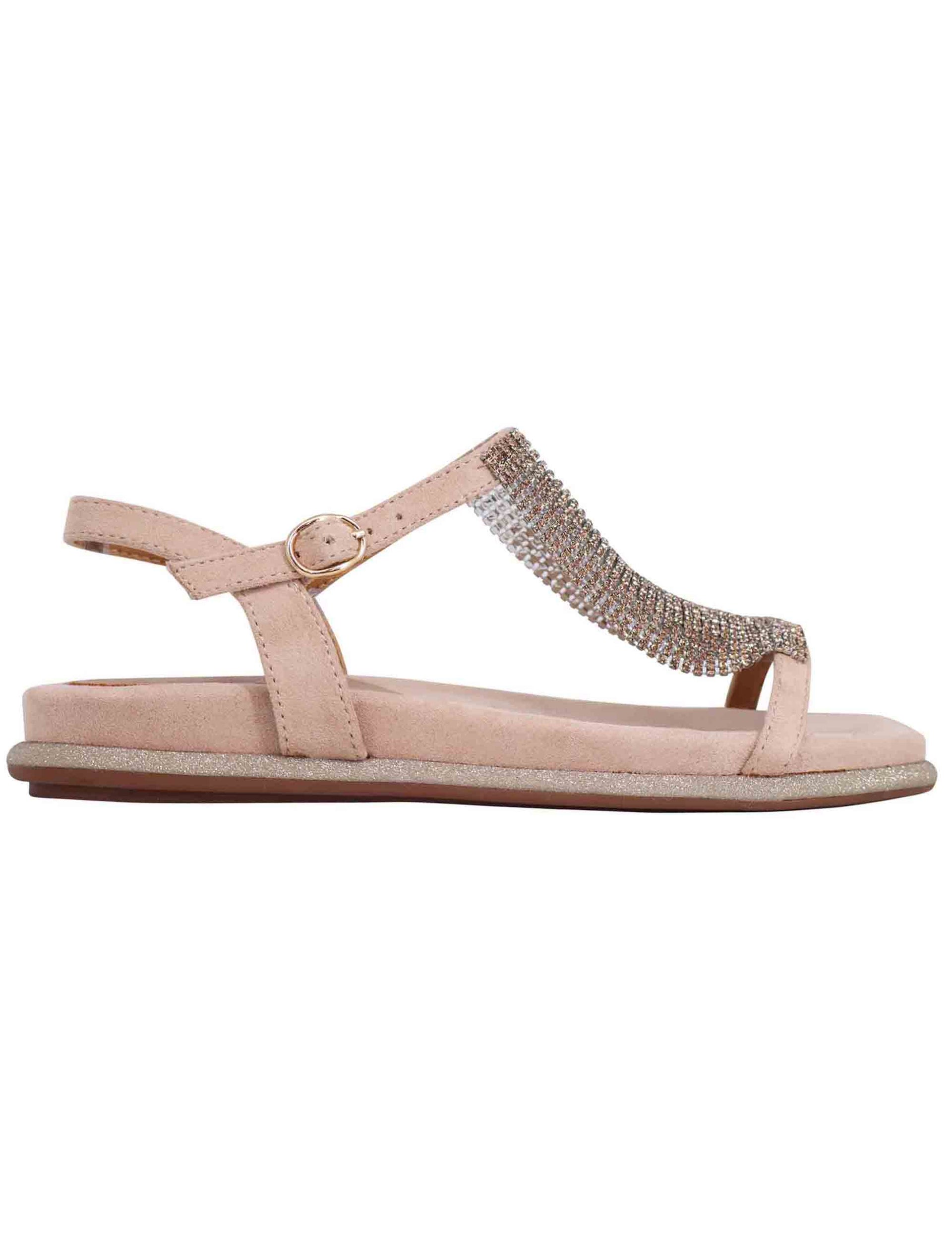 Women's flat sandals in beige eco suede with rhinestones and fussbett