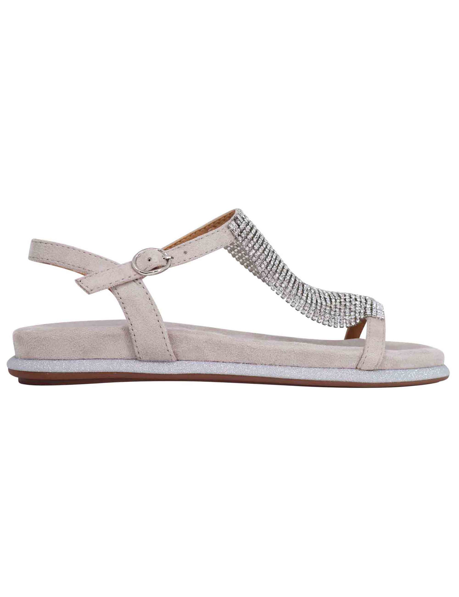 Women's flat sandals in gray eco suede with rhinestones and fussbett