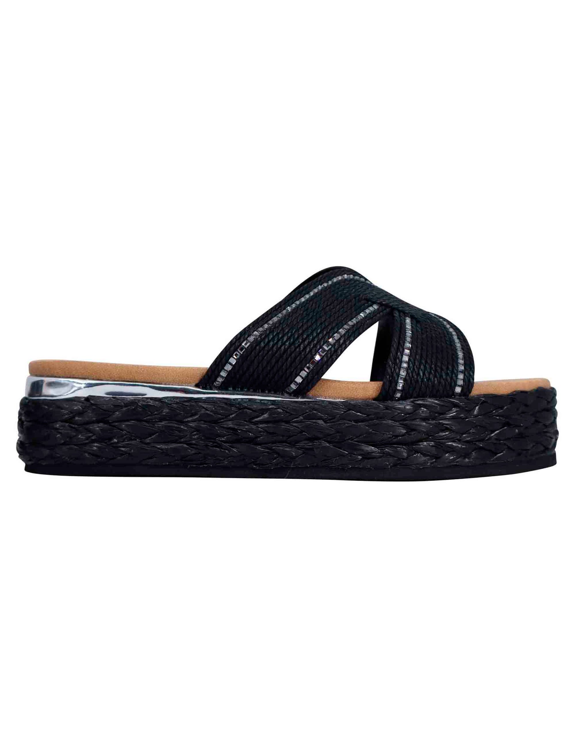 Women's black rope sandals with silver trim
