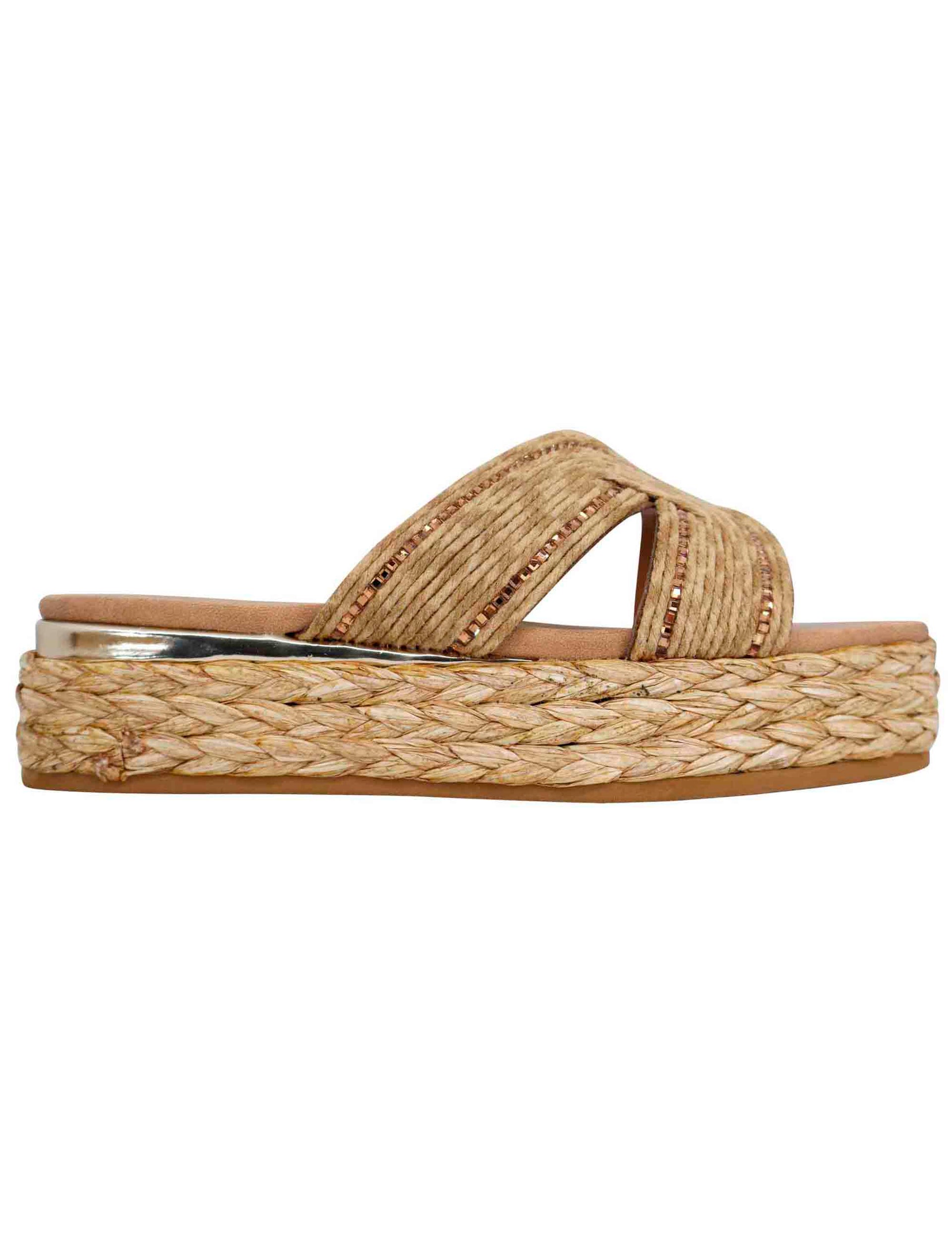 Women's beige rope sandals with gold trim