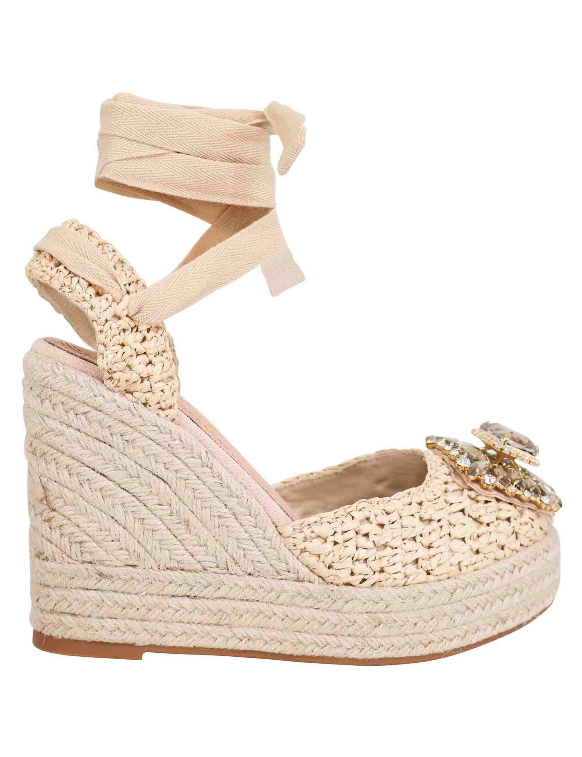 Women's espadrilles sandals in beige fabric with buckle with matching stones and high rope wedge