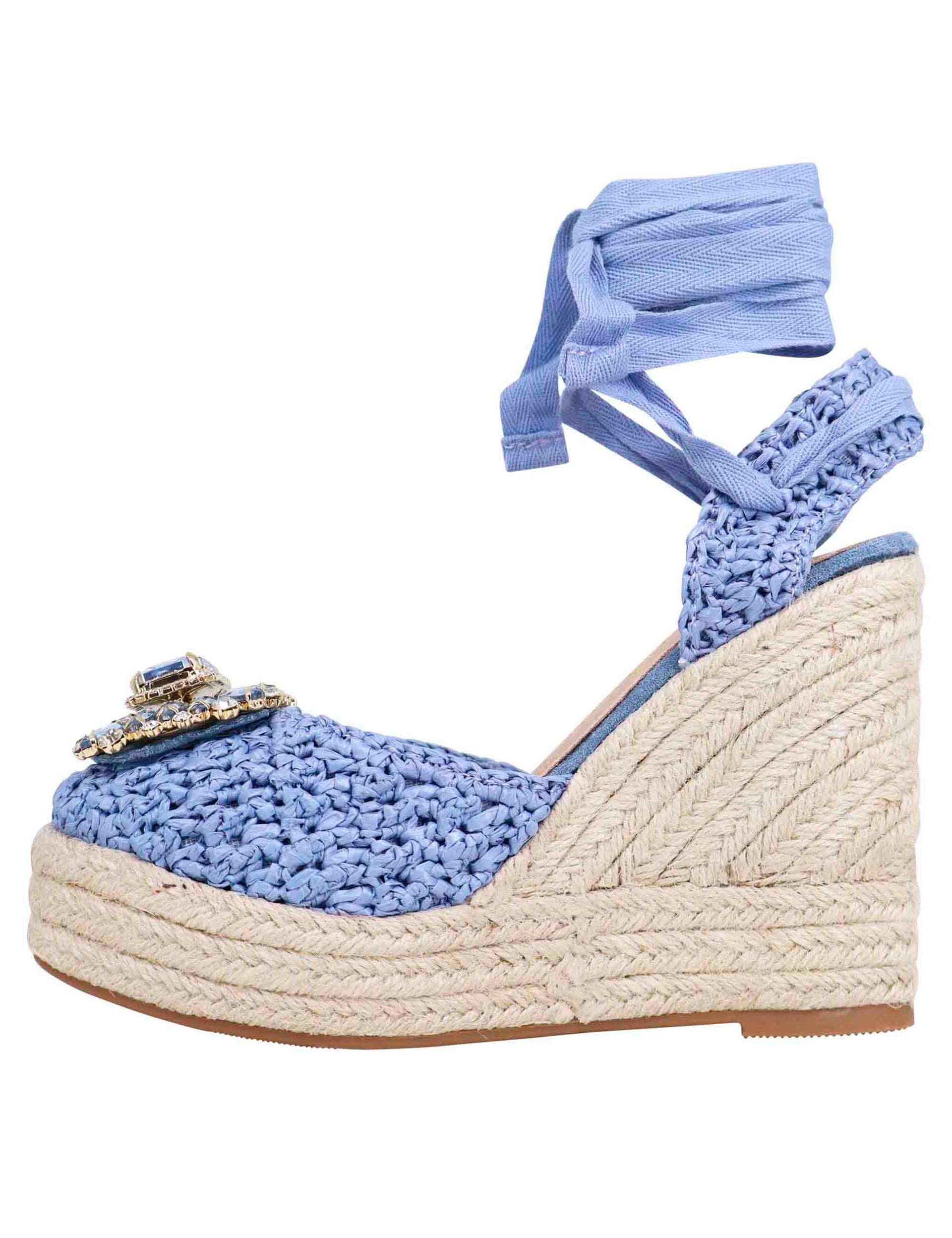 Women's espadrilles sandals in light blue fabric, buckle with matching stones and high rope wedge