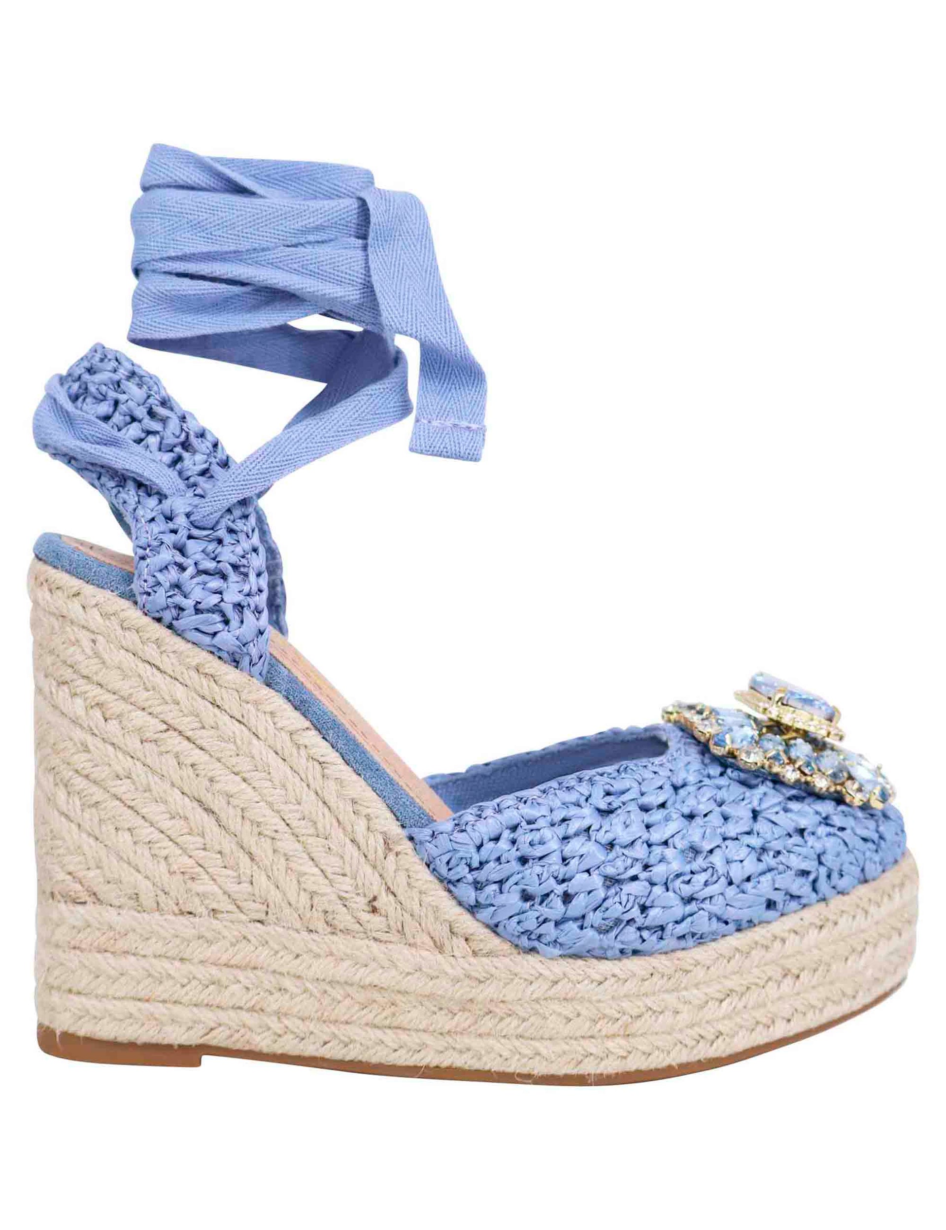 Women's espadrilles sandals in light blue fabric, buckle with matching stones and high rope wedge