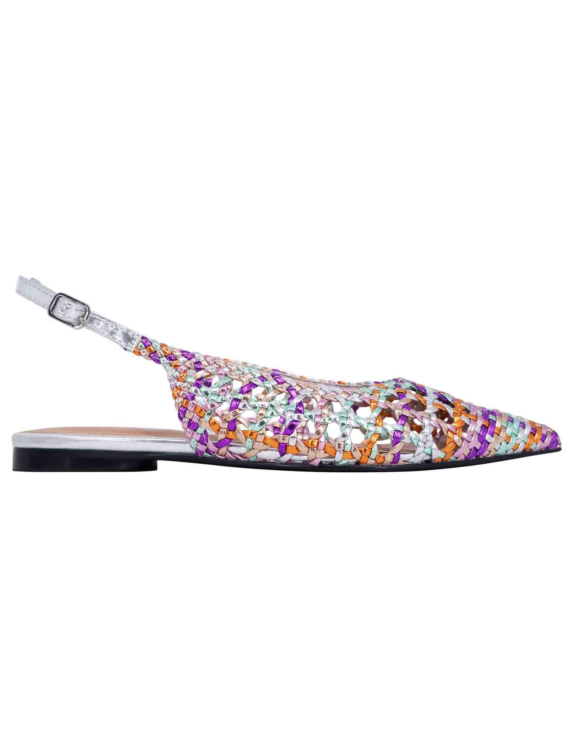 Women's slingback sandals in multicolored fuchsia laminated eco leather with low heel