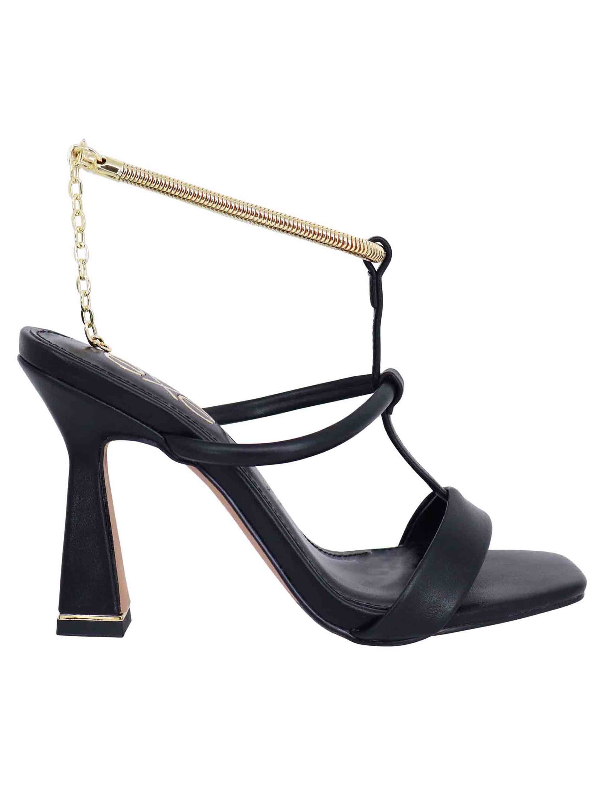 Women's sandals in black eco leather with high heel and soft gold anklet