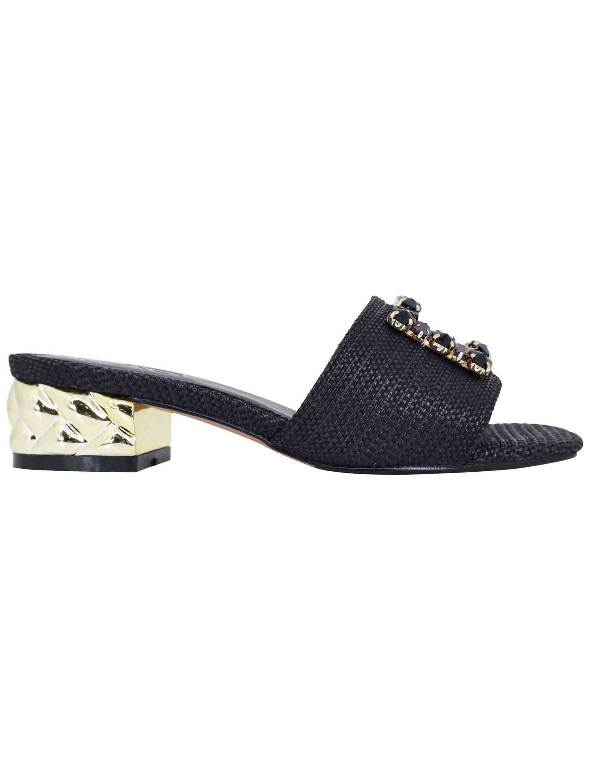 Women's sandals in black fabric with horsebit and low jewel heel