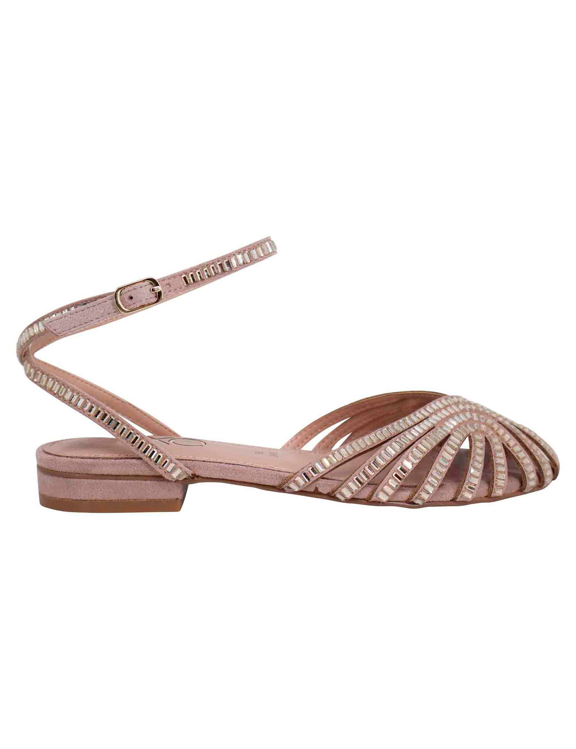 Women's flat sandals in nude fabric with silver stones and ankle strap