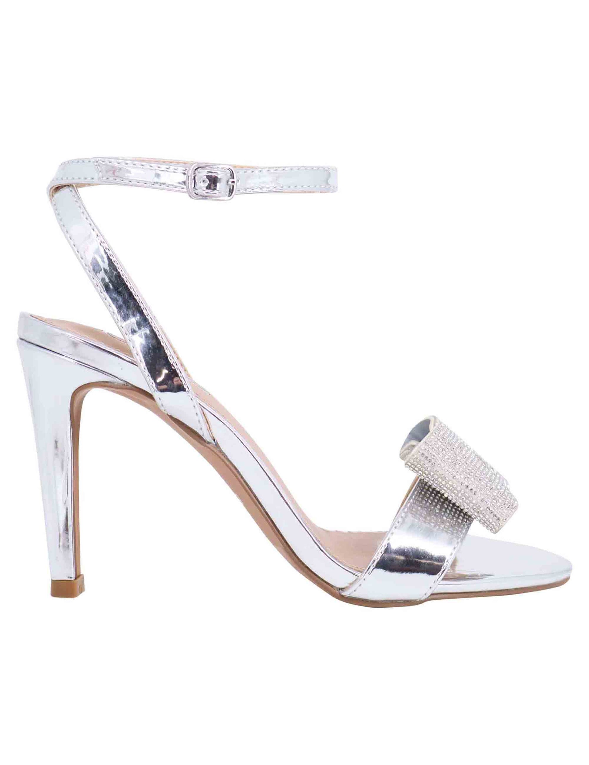 Women's sandals in silver laminated eco leather with high heel and rhinestones