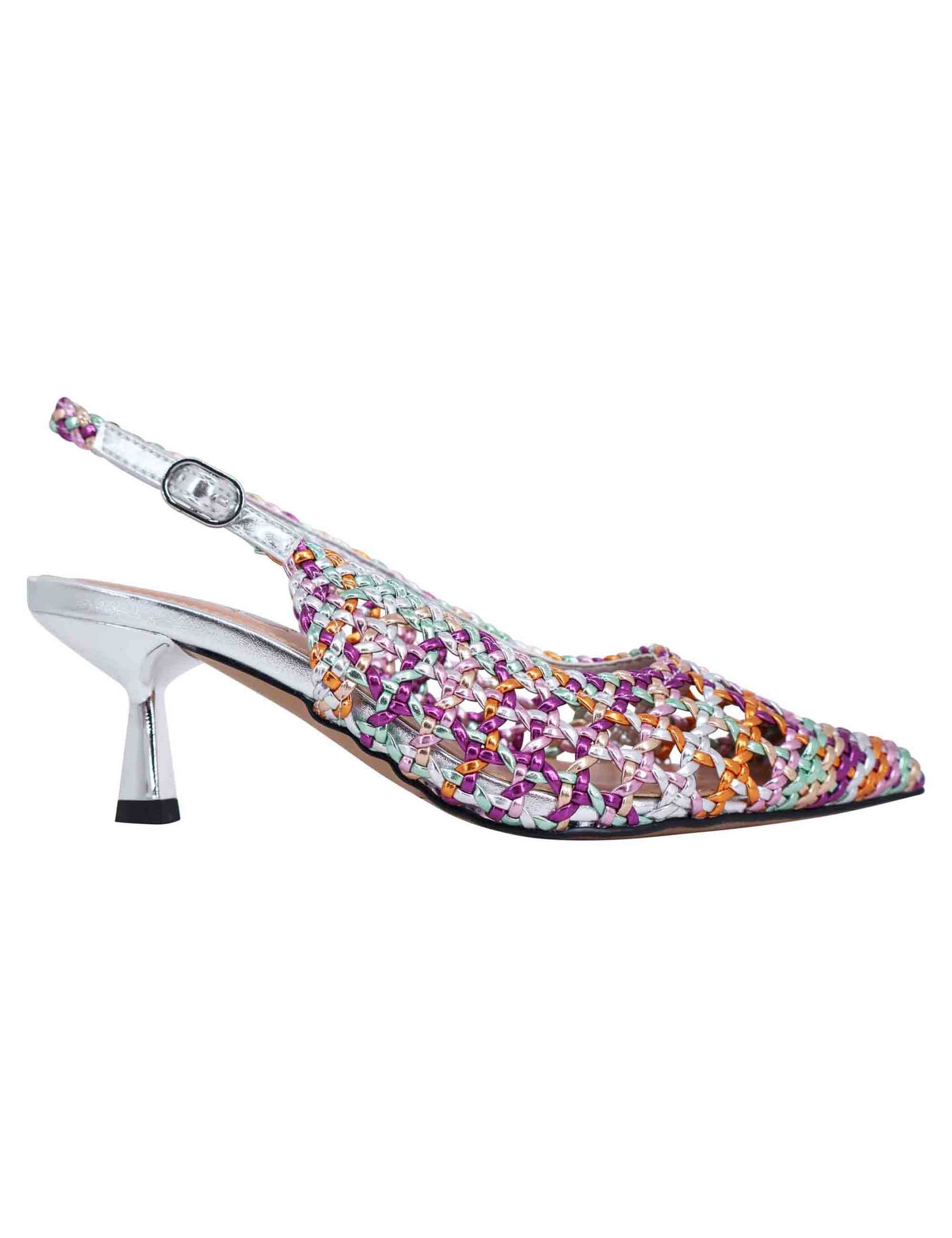 Women's slingback pumps in multicolored fuchsia laminated eco leather with silver heel