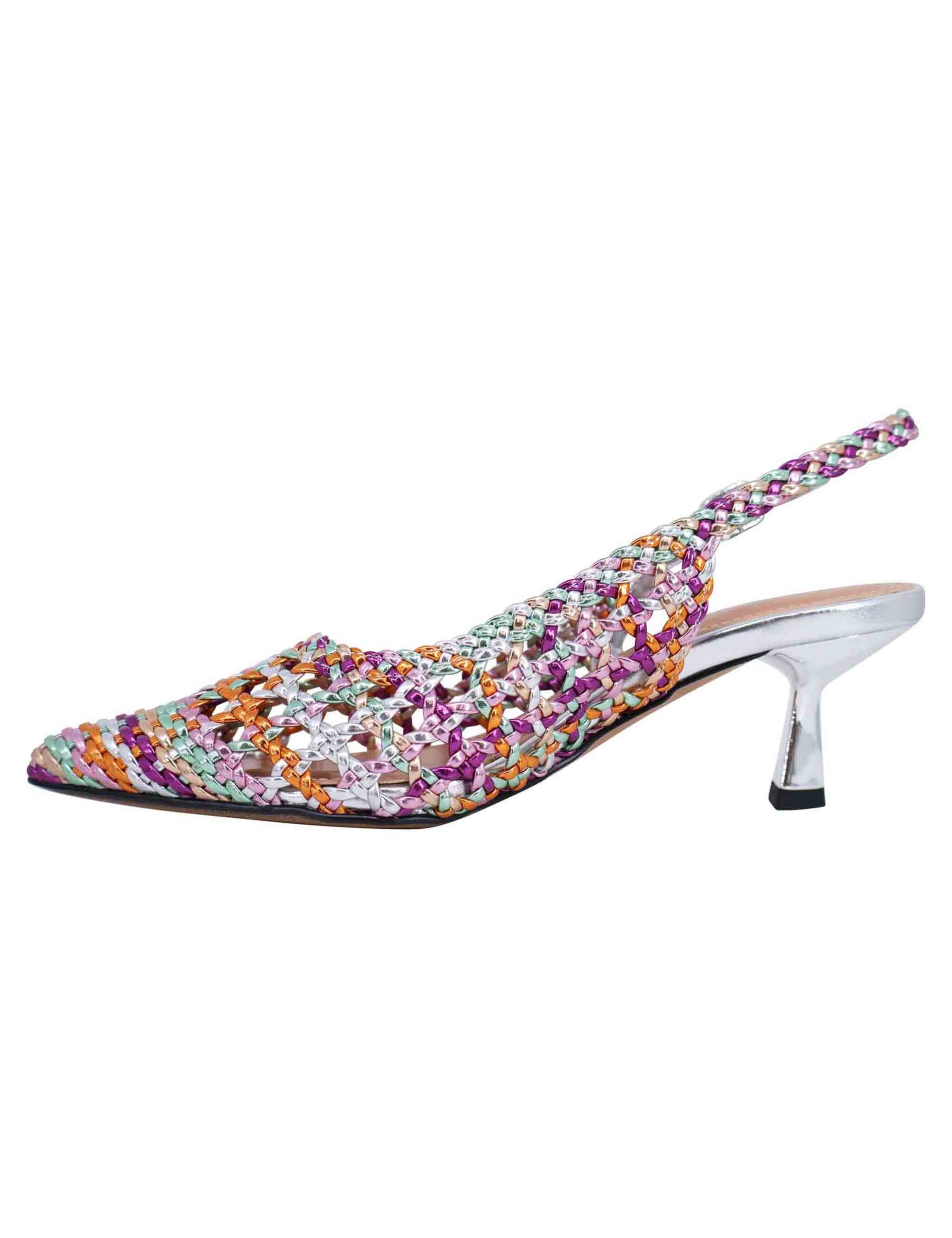 Women's slingback pumps in multicolored fuchsia laminated eco leather with silver heel