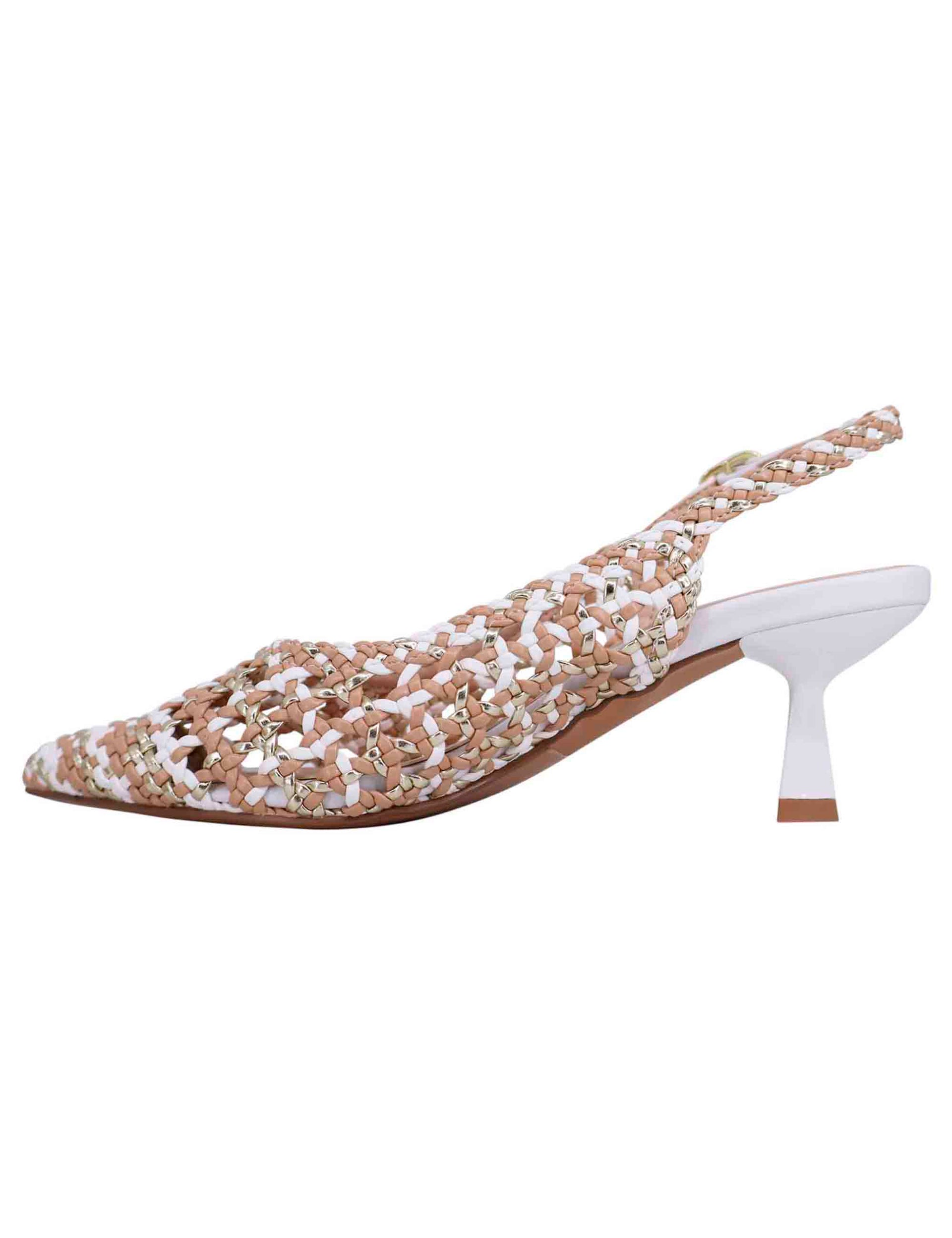 Women's slingback pumps in multicolored bronze laminated eco leather with white heels
