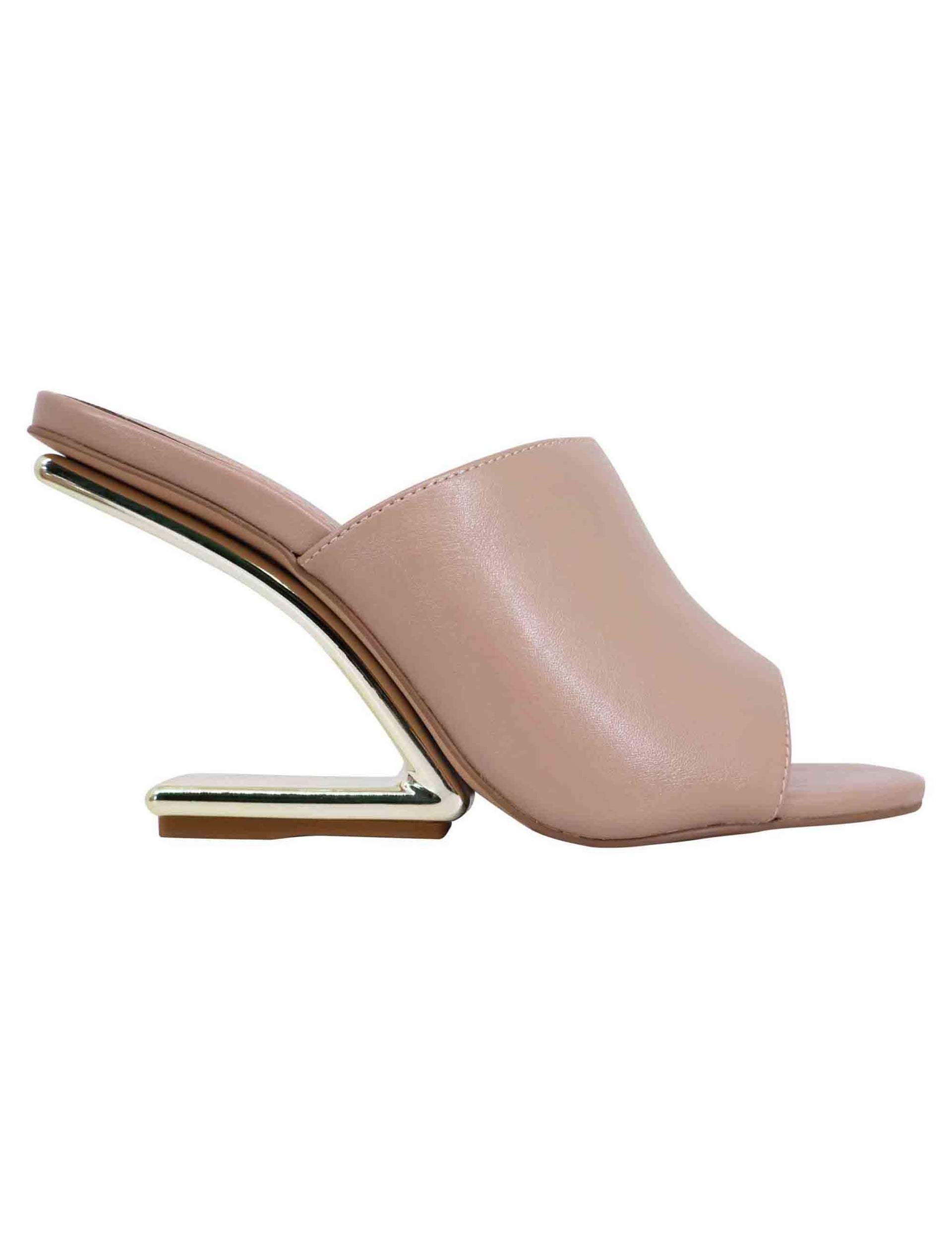 Women's nude leather sandals with high wedge heel