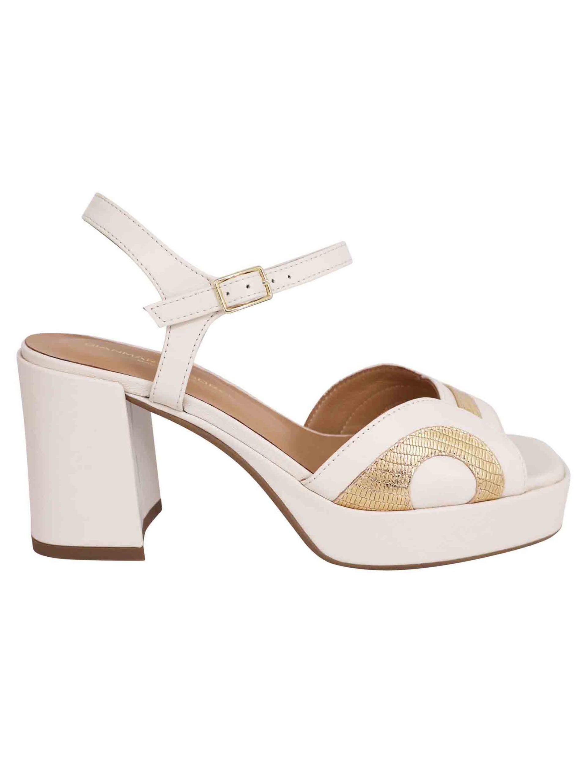 Women's white leather sandals with ankle strap, heel and plateau