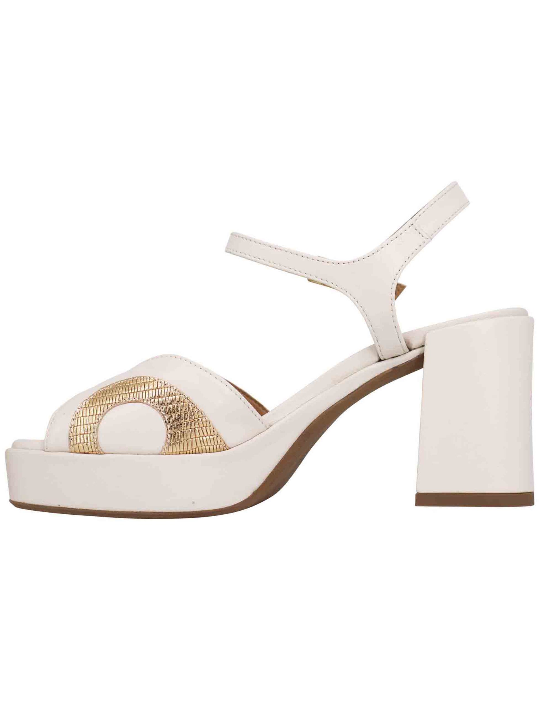 Women's white leather sandals with ankle strap, heel and plateau