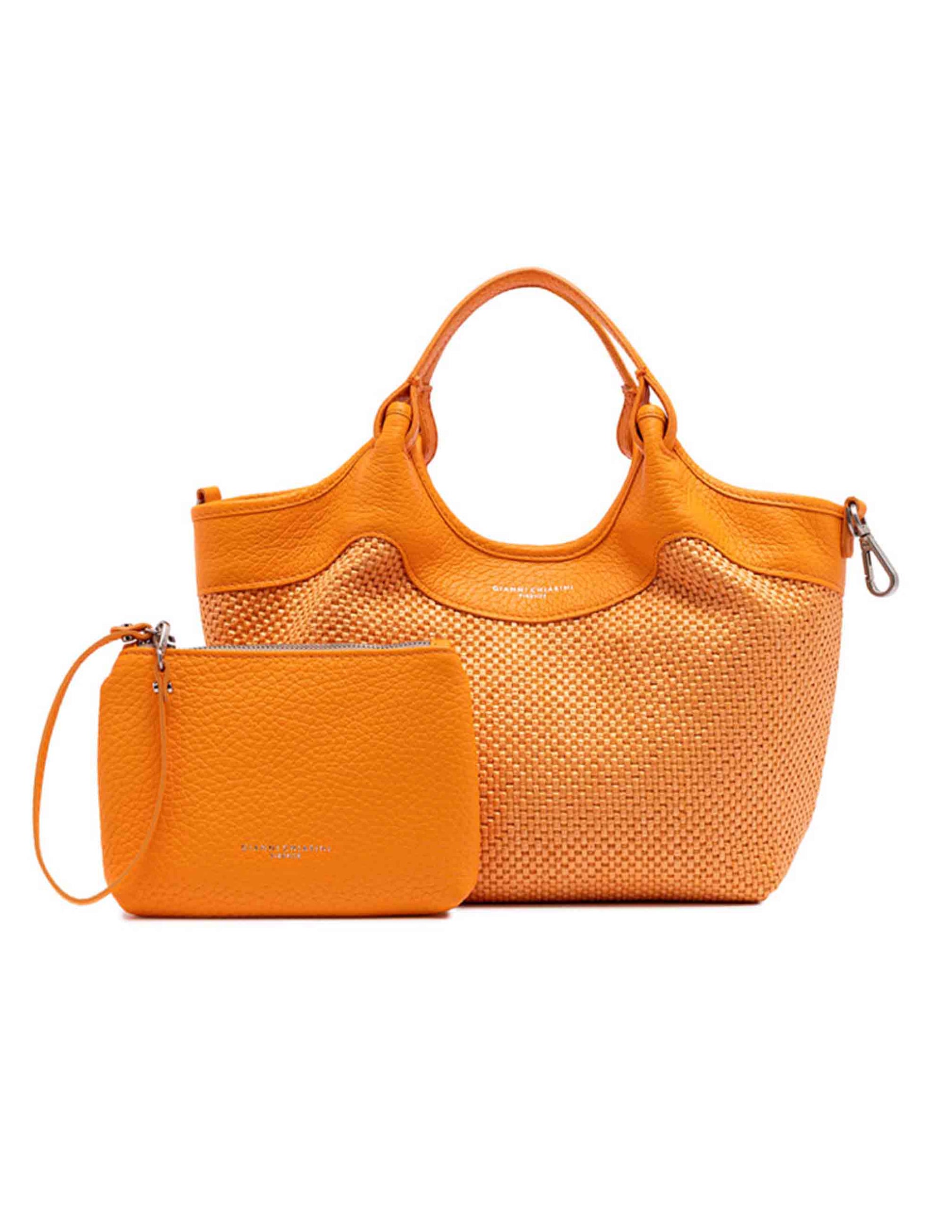 Dua women's shoulder bags in orange leather and fabric with mini clutch bag