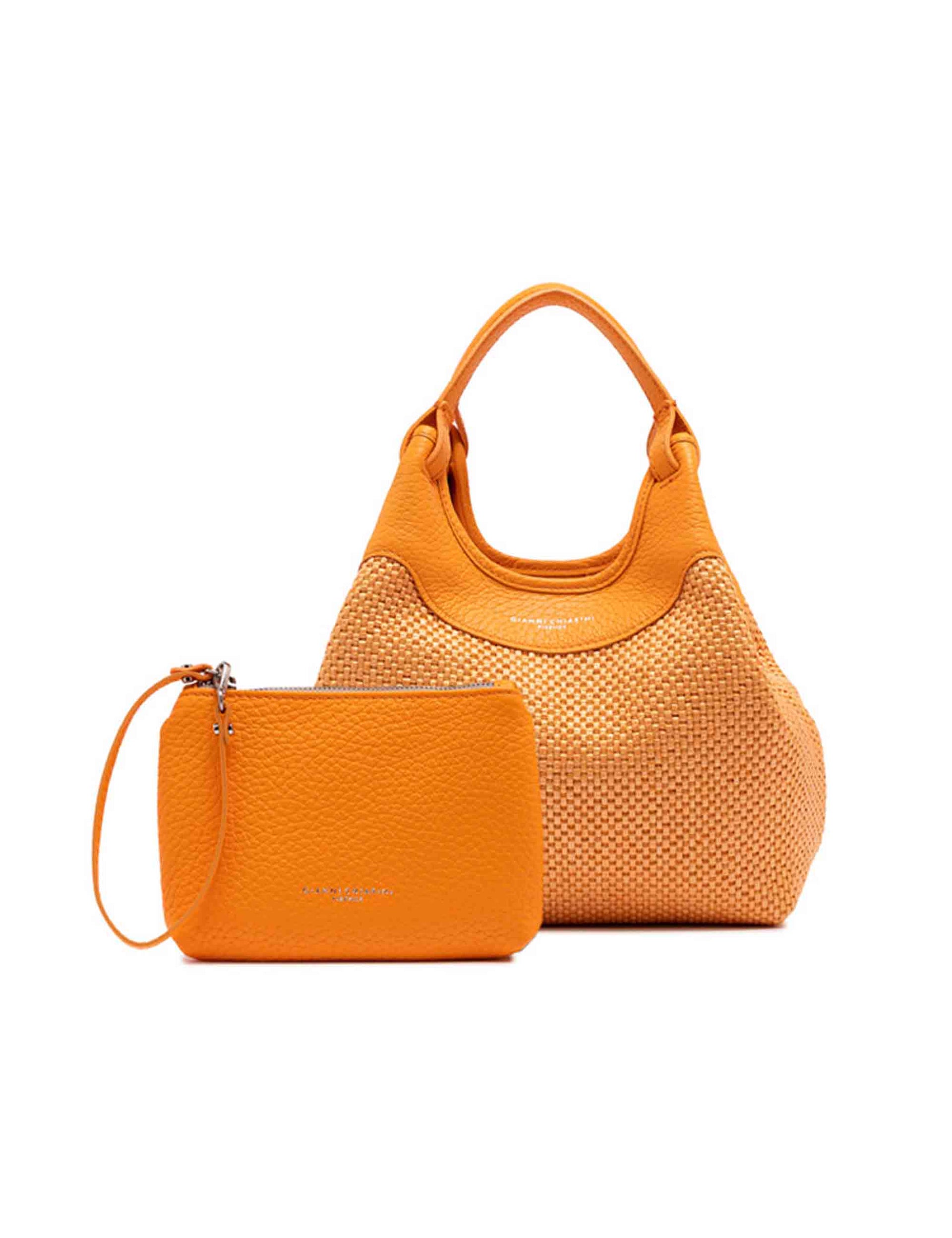 Dua women's shoulder bags in orange leather and fabric with mini clutch bag