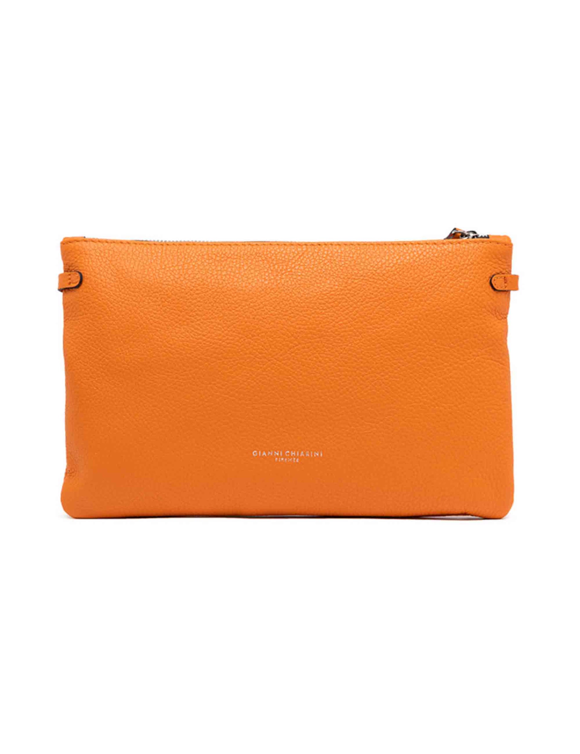 Hermy women's clutch bags in orange leather with bracelet handle and leather shoulder strap