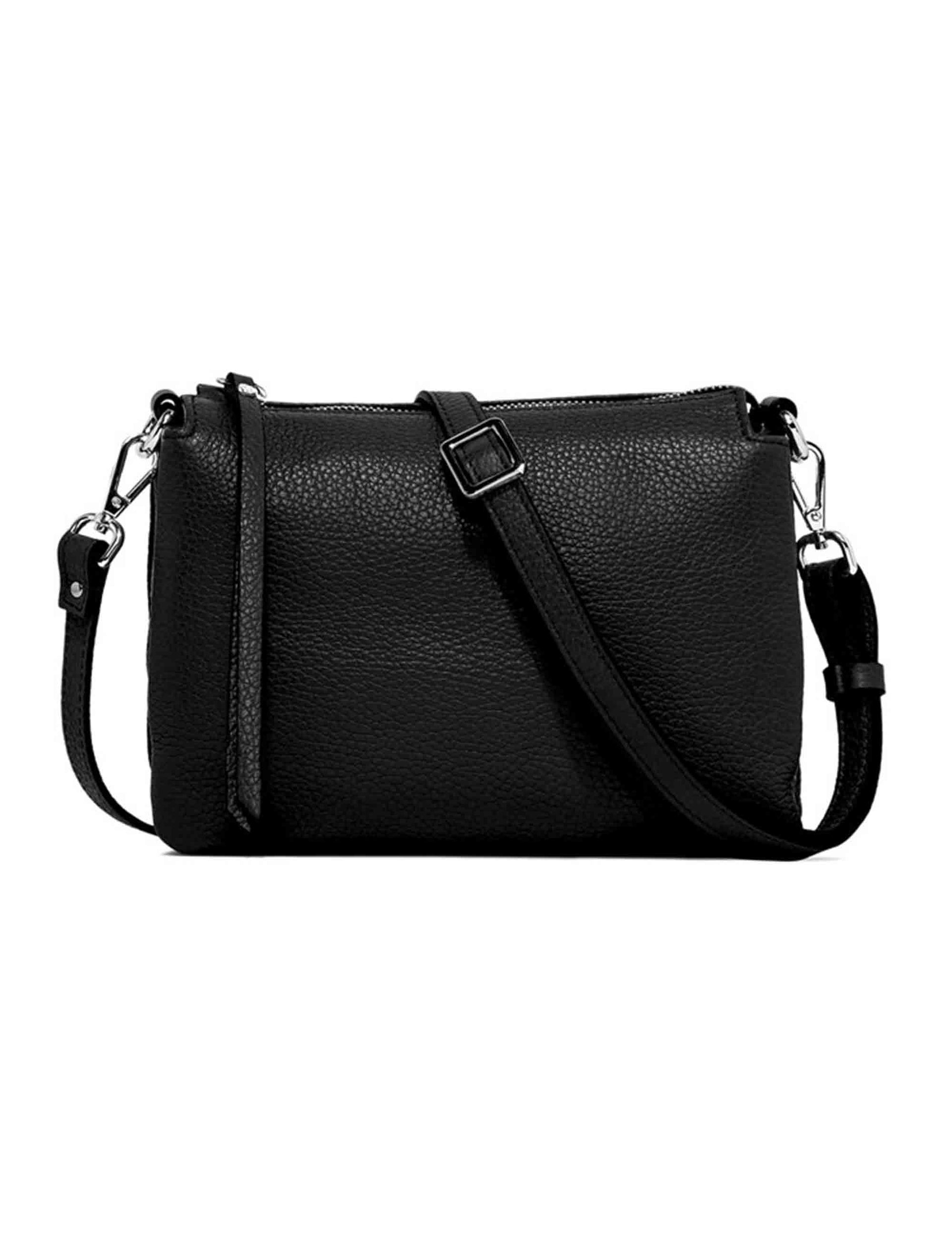 Three women's clutch bags in black leather with matching removable shoulder strap