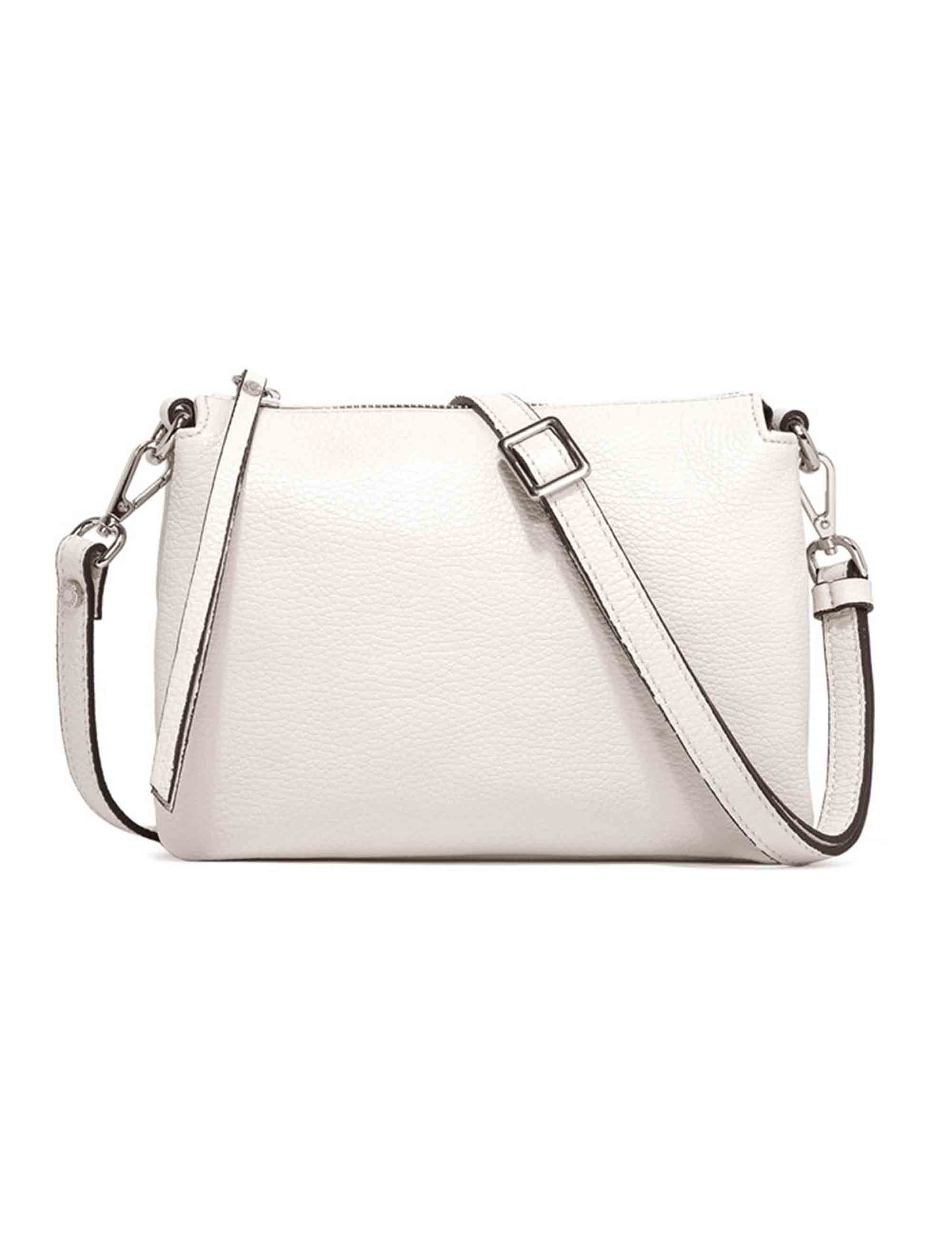 Three women's clutch bags in cream leather with matching removable shoulder strap