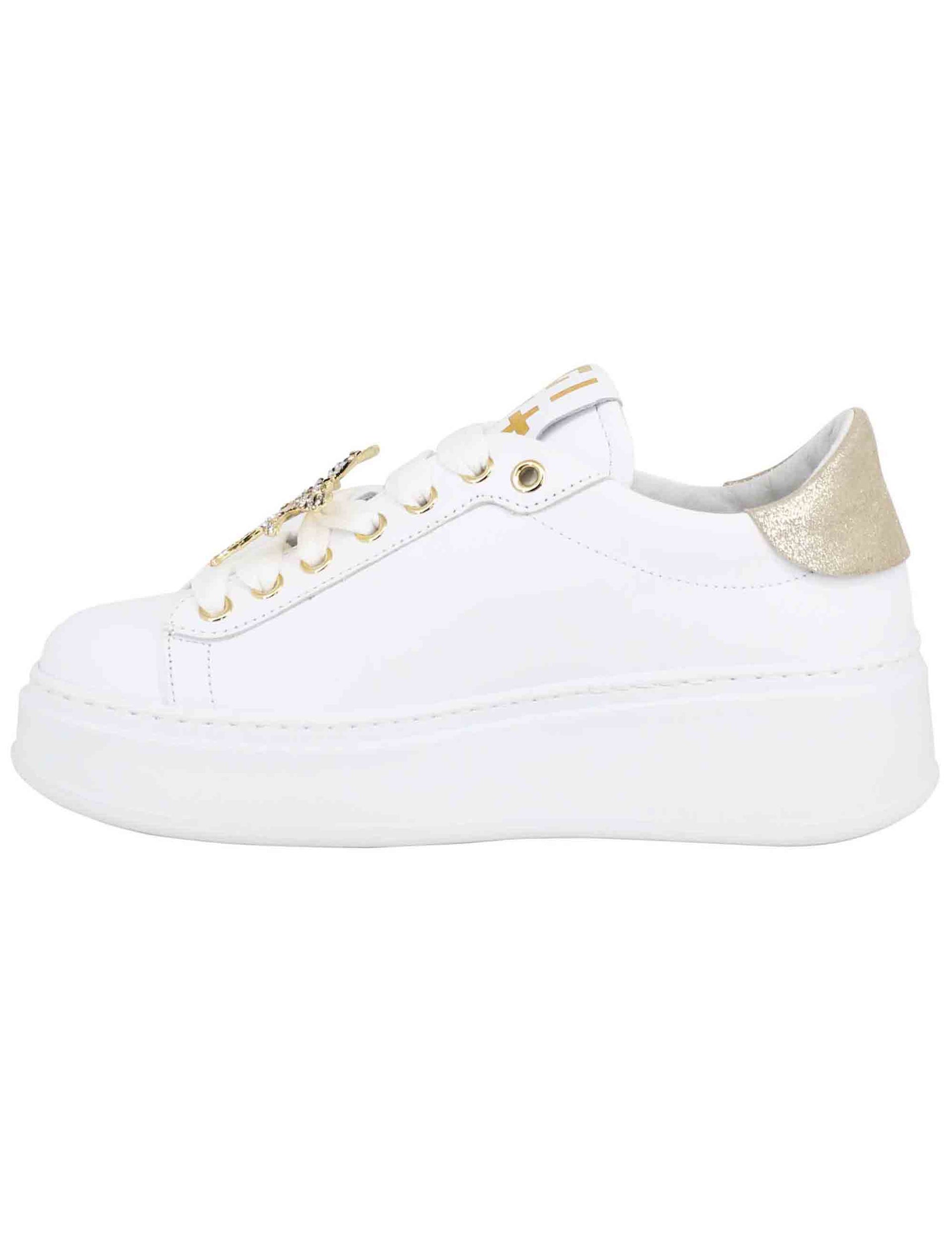 Women's white leather sneakers with jewel charms and high sole
