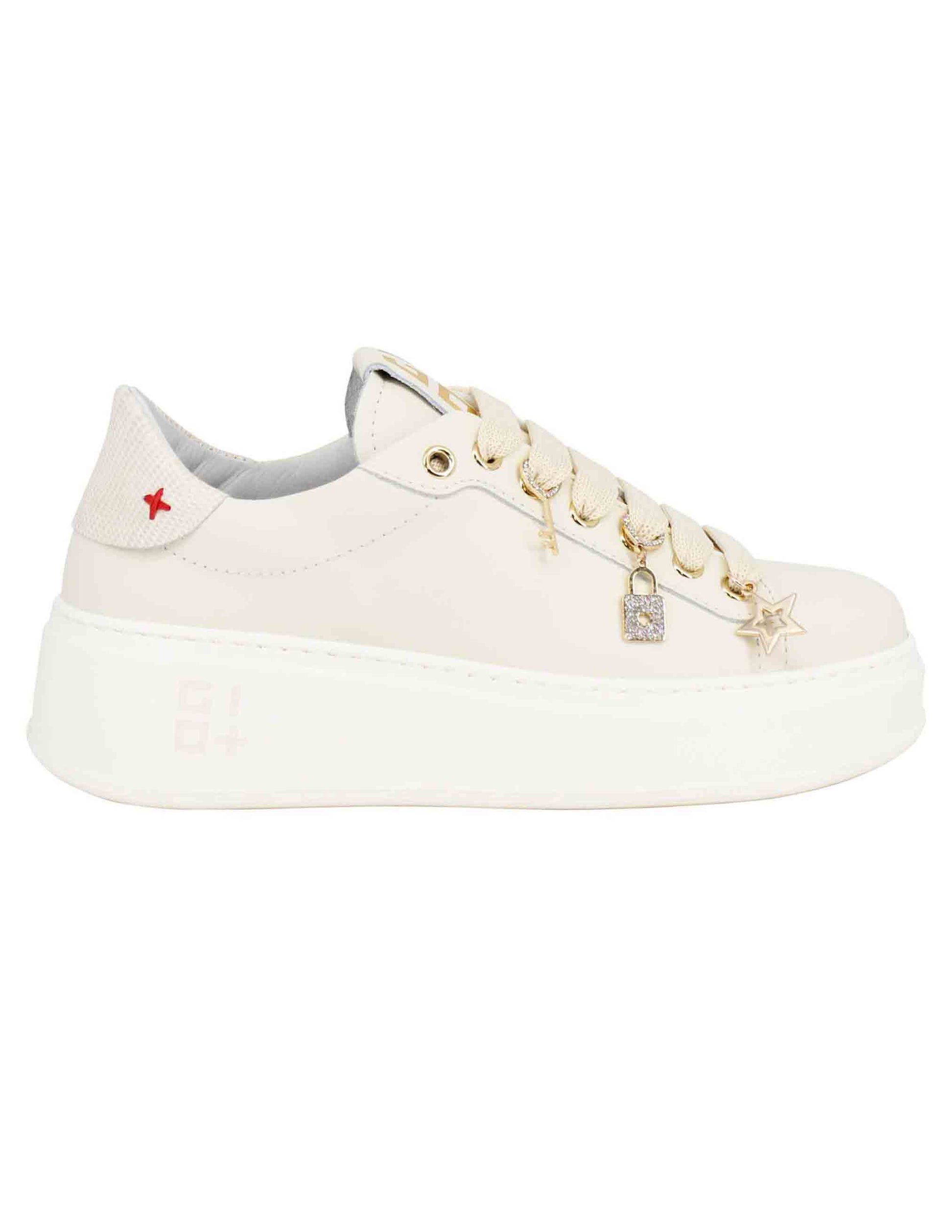 Women's beige leather sneakers with jewel charms and high sole