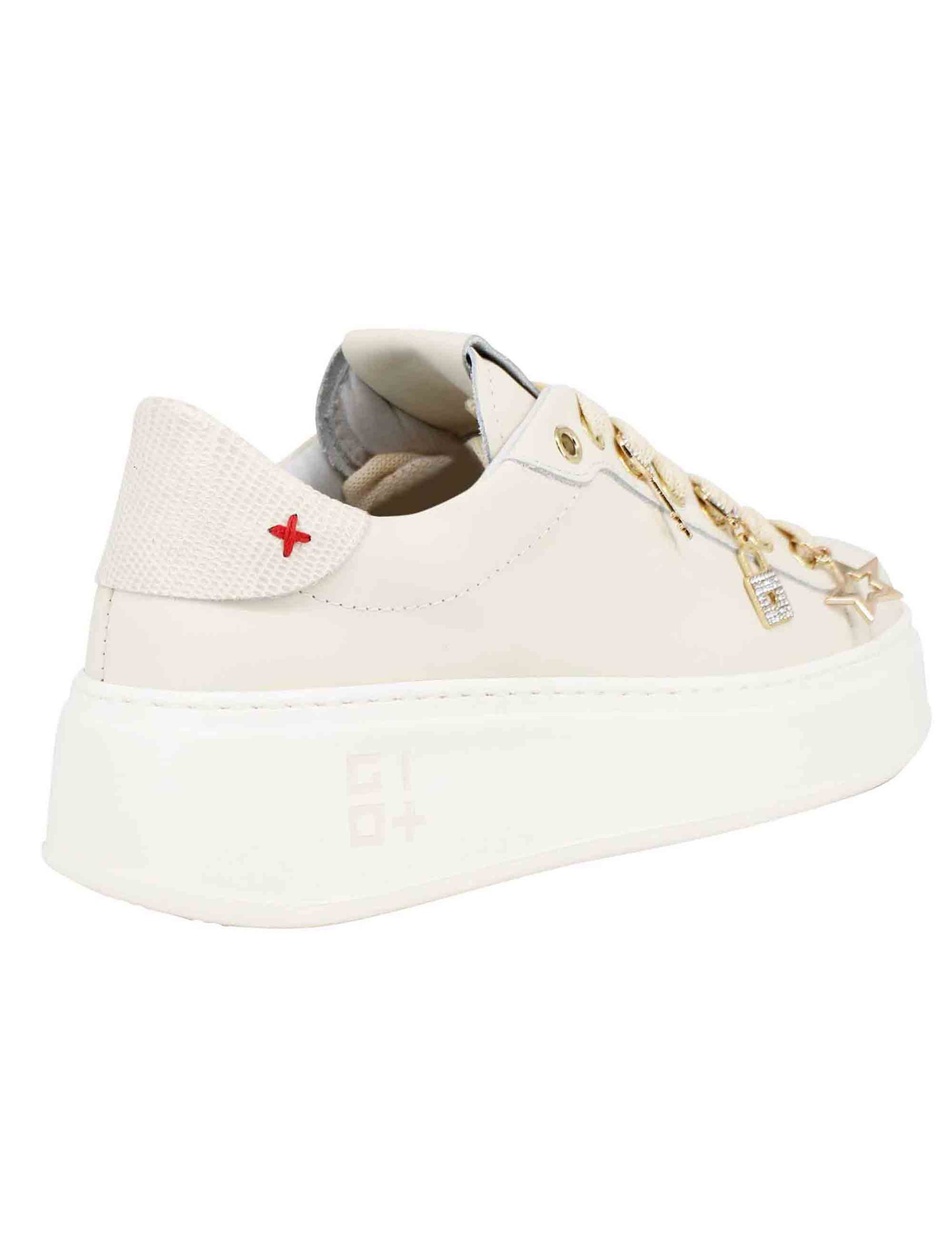 Women's beige leather sneakers with jewel charms and high sole