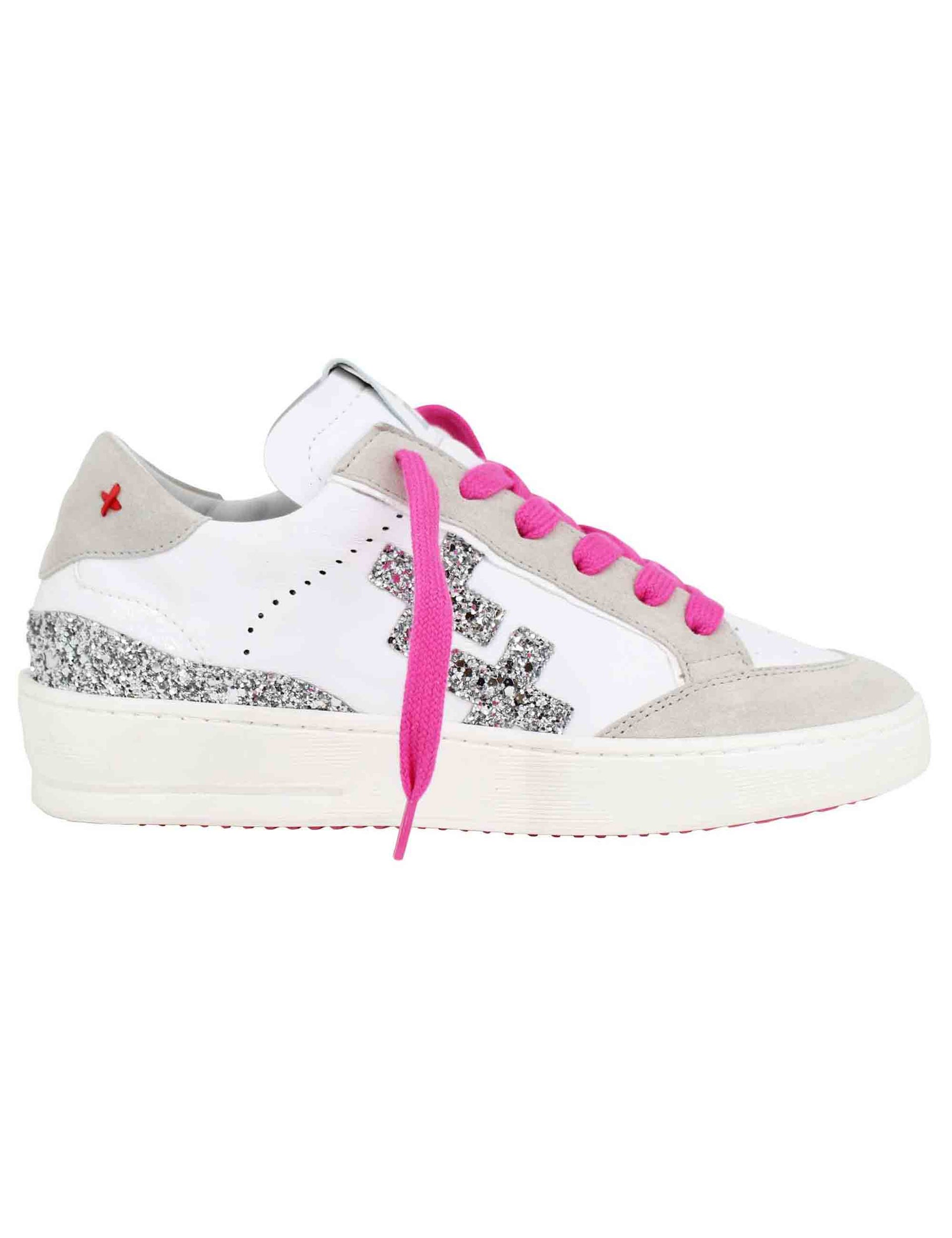 Women's white leather sneakers with silver glitter inserts