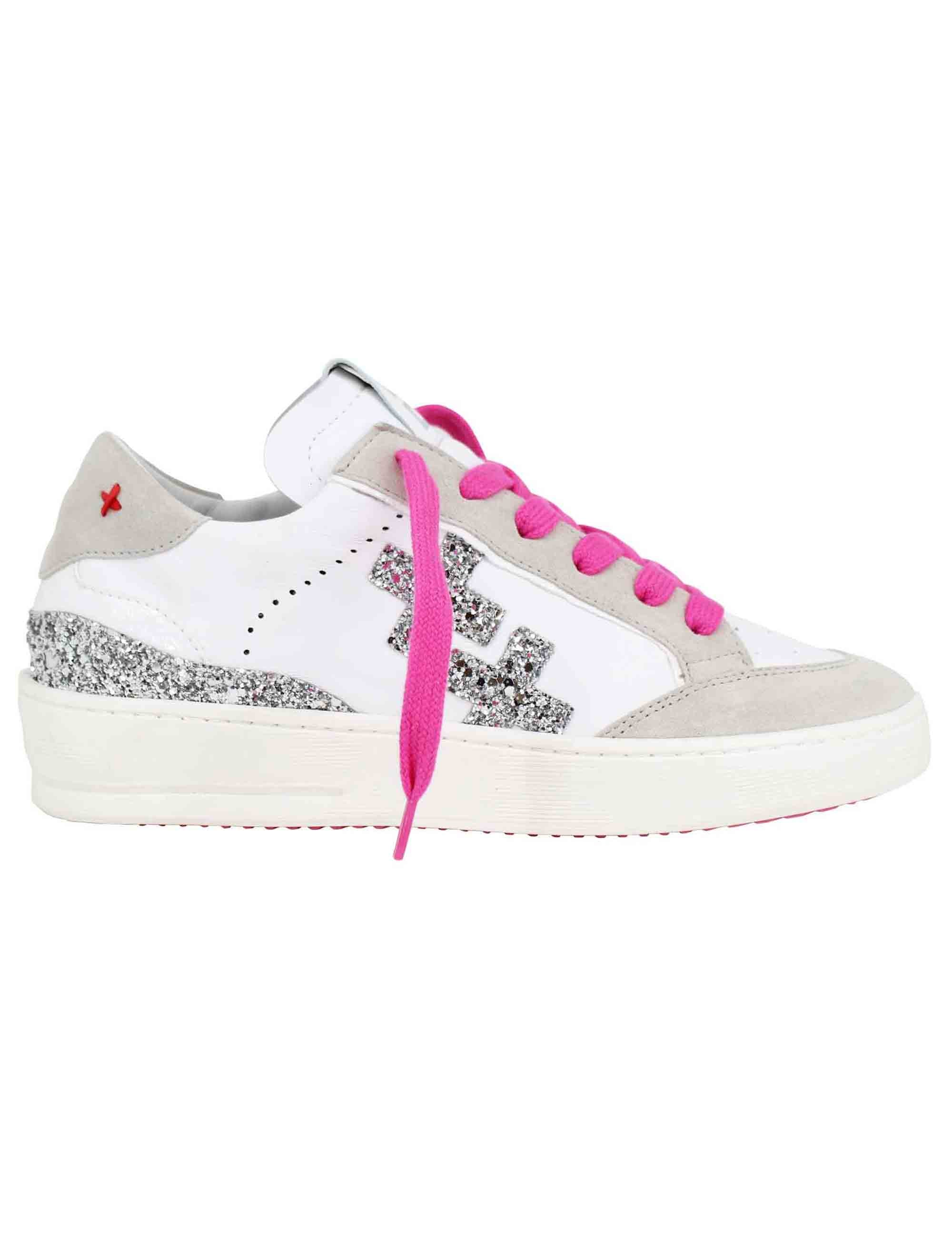 Spatarella Sneakers donna in pelle bianca con riporti in glitter argento