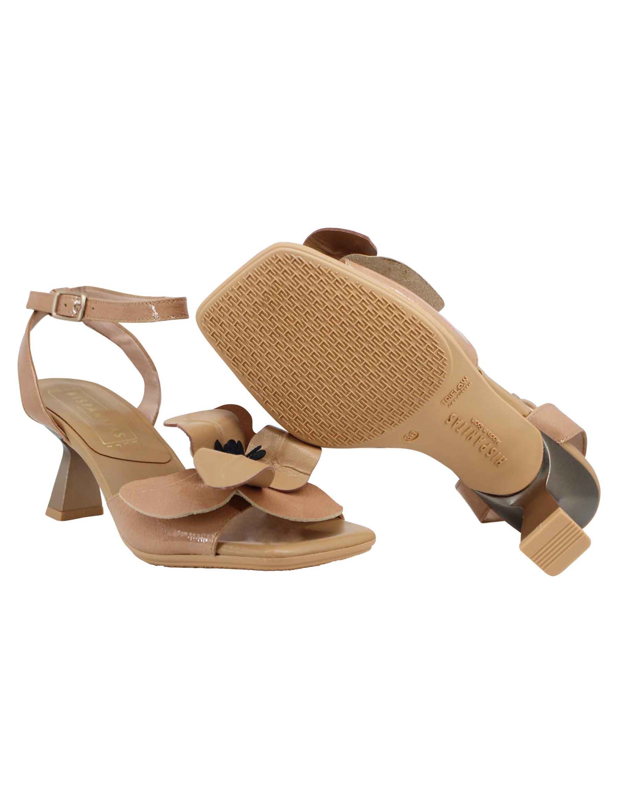 Sandali donna in vernice cuoio con cintuino alla caviglia tacco alto e fiore in pelle HV243291 C001 Hispanitas 