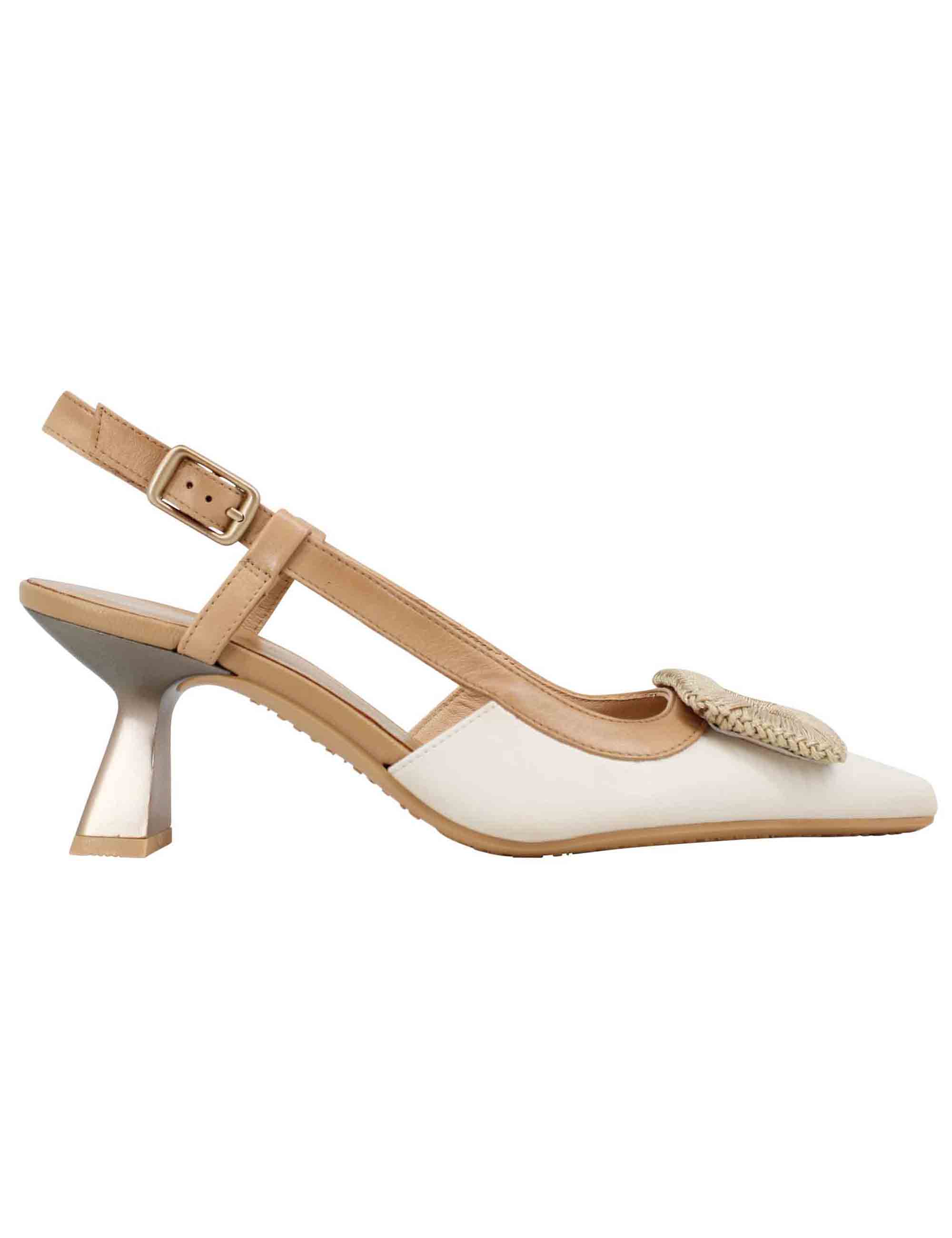 Spatarella Decollete slingback donna in pelle panna con cinturino in contrasto