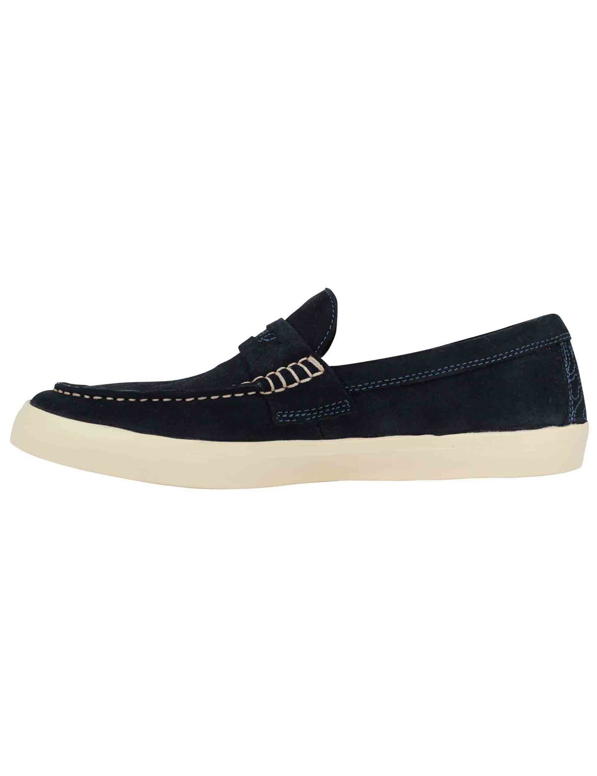 Moki Suede men's moccasins in blue suede with white rubber sole