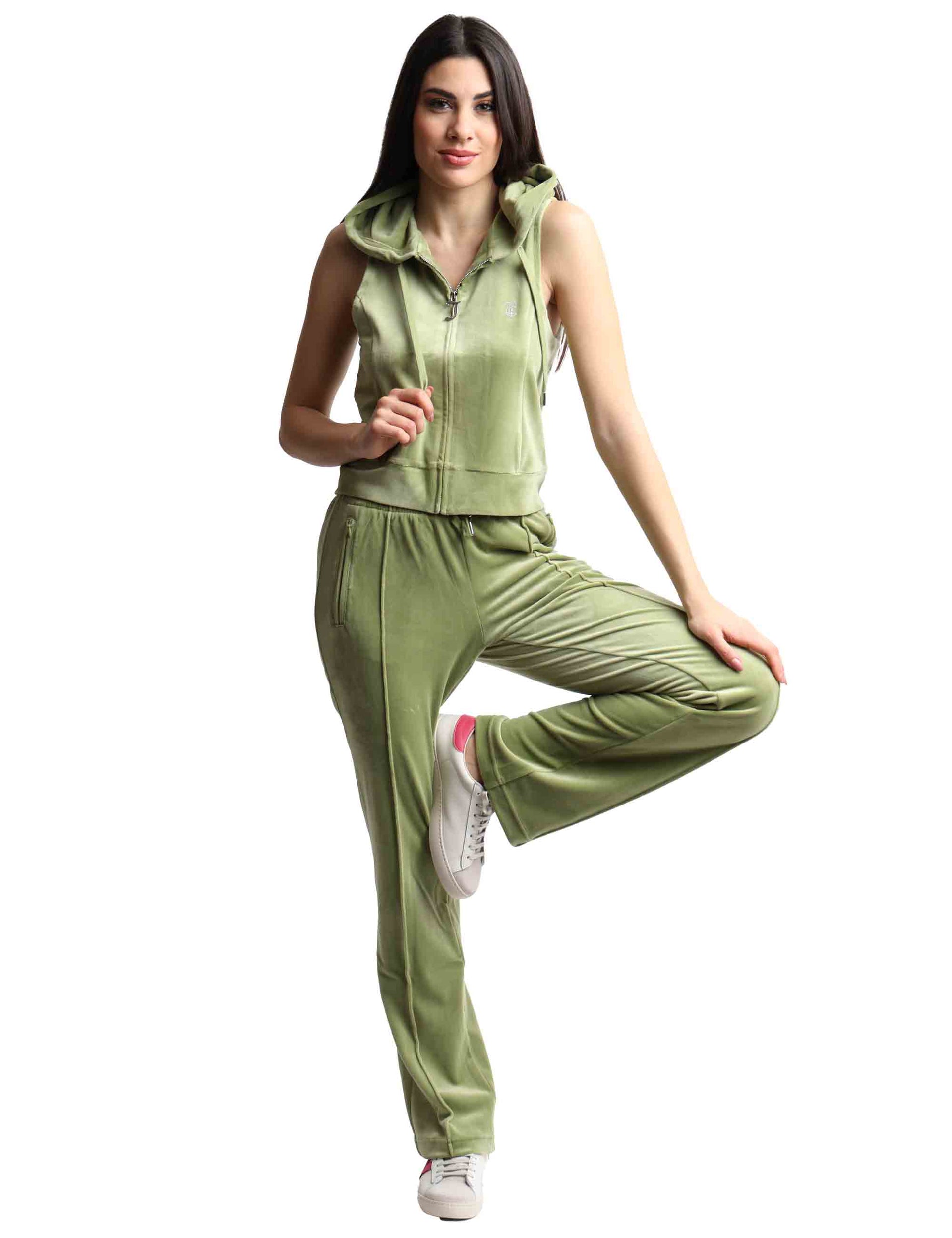 Pantaloni tuta donna Tina in tessuto verde con strass