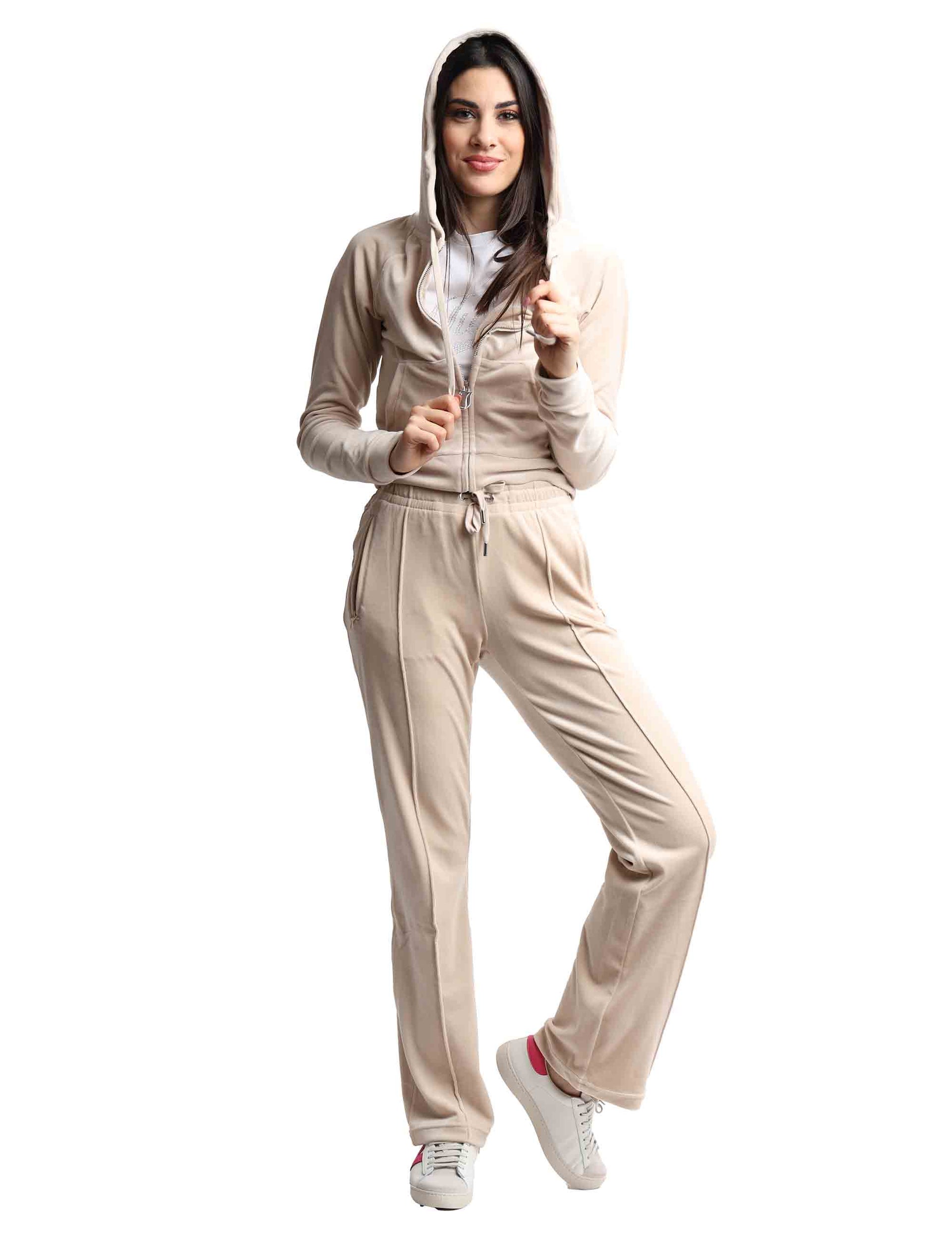 Tina women's tracksuit trousers in beige fabric with rhinestones